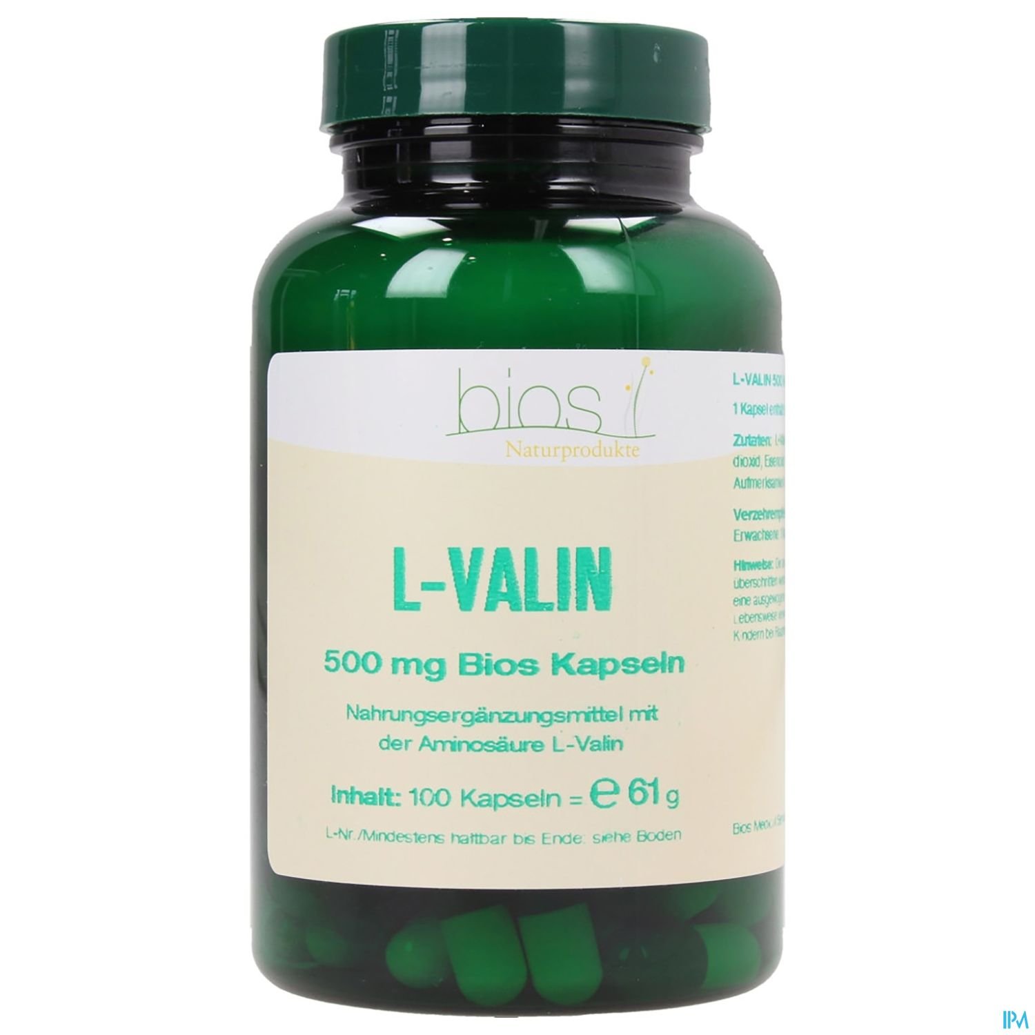 Grüne Kapseln in einer transparenten Flasche mit einem Etikett, das "L-VALIN 500 mg Bios Kapseln" und Informationen über den Inhalt zeigt.
