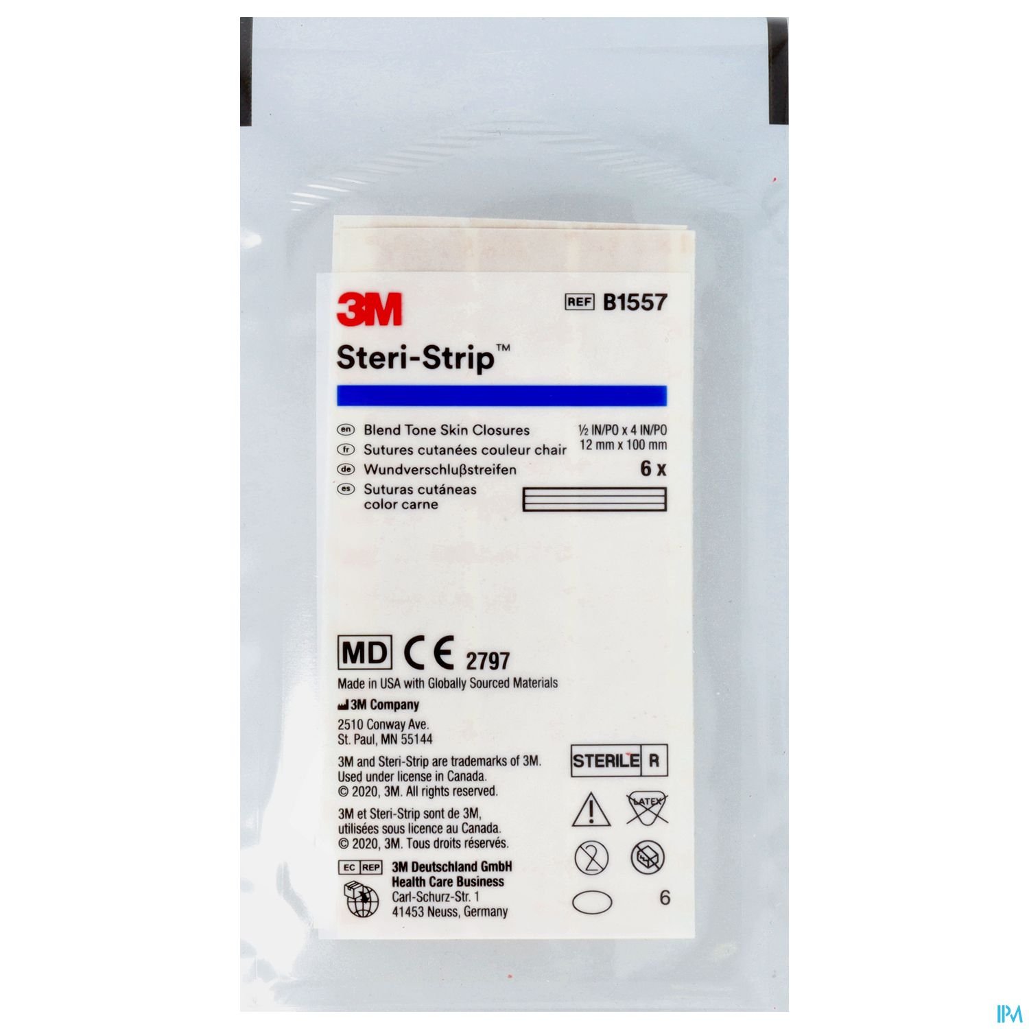 Verpackung eines 3M Steri-Strip, die Informationen über das Produkt, den Hersteller und die Anwendung zeigt.