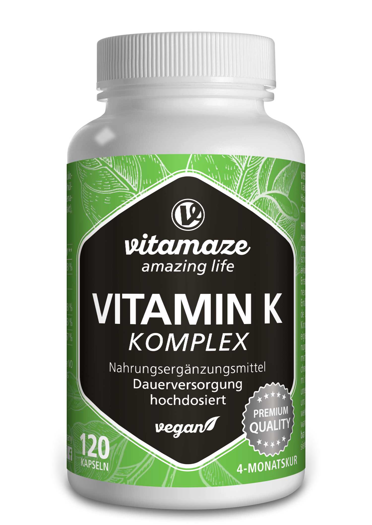 Flasche mit Vitamaze Vitamin K Komplex, 120 Kapseln, veganes Nahrungsergänzungsmittel.