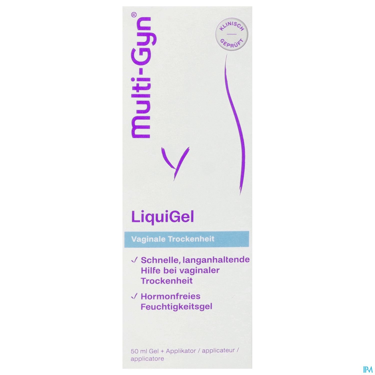 Produktverpackung von Multi-Gyn LiquiGel zur Behandlung vaginaler Trockenheit.