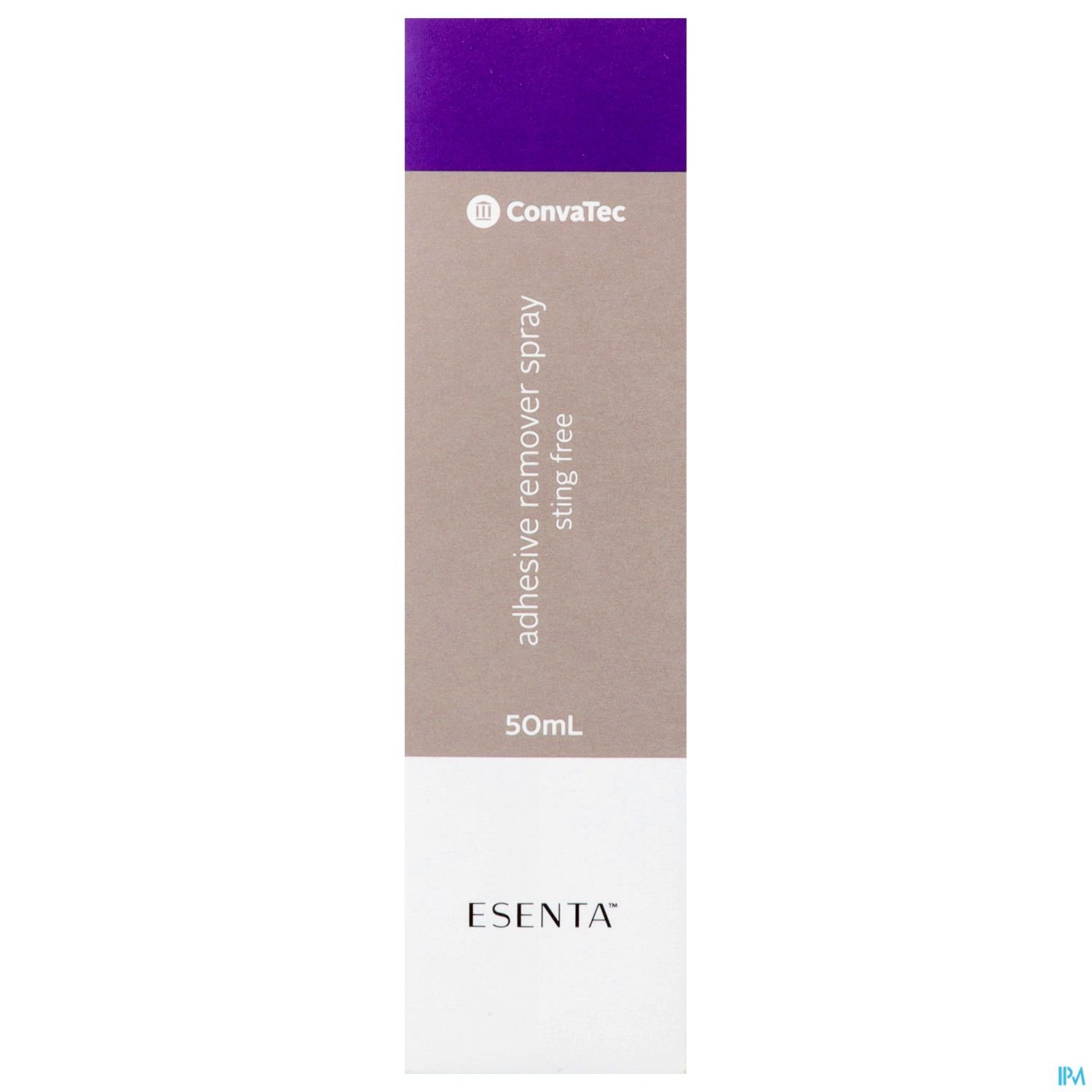 Sprühflasche mit 50 ml Kleberentferner von ConvaTec, etikettiert mit "sting free" und dem Logo von Esenta.
