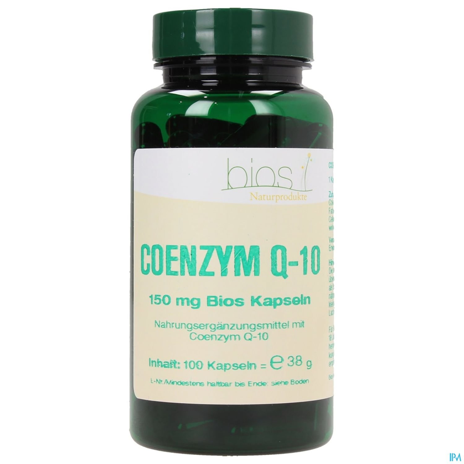 Grüne Flasche mit Coenzym Q-10 Kapseln, 150 mg, 100 Kapseln, Preis 38 €.