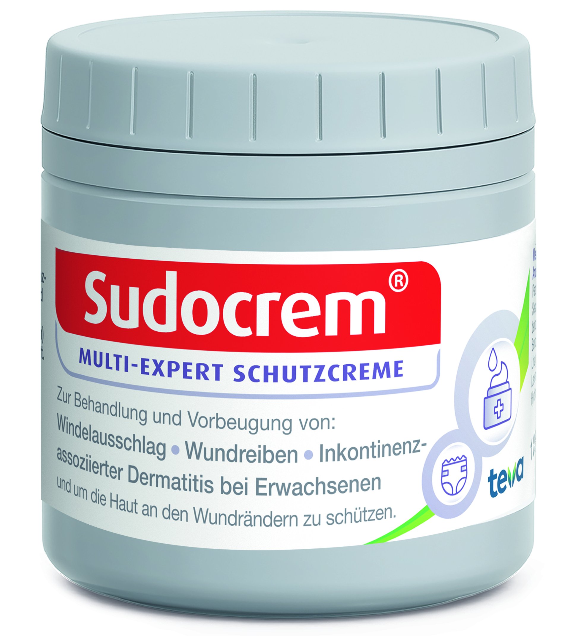 Blechdose mit Sudocrem Multi-Expert Schutzcreme zur Behandlung und Vorbeugung von Wundbeschwerden.