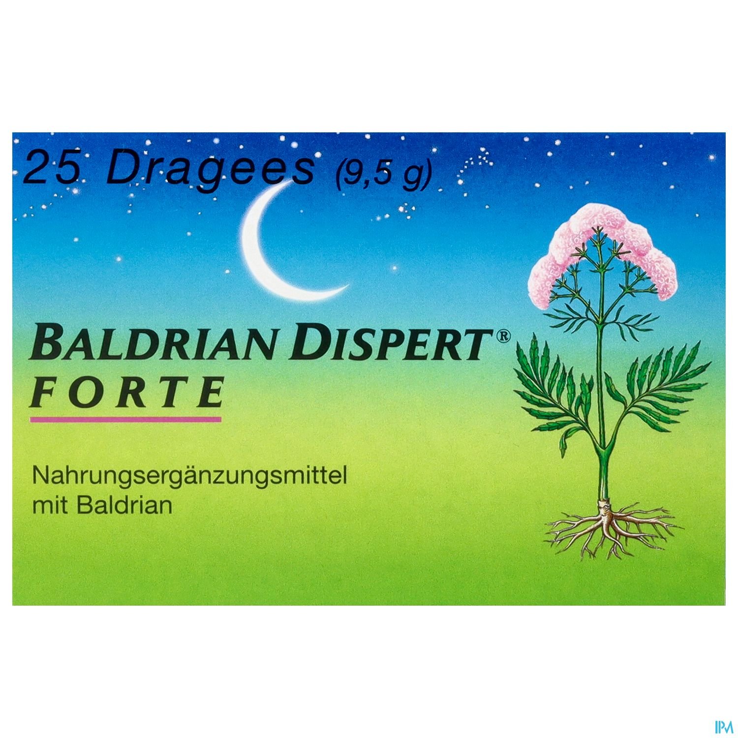 Packungsdesign von Baldrian Dispert Forte mit einer Illustration einer Baldrianpflanze und dem Text "25 Dragees (9,5 g) Nahrungsergänzungsmittel mit Baldrian" auf einem blauen Hintergrund.