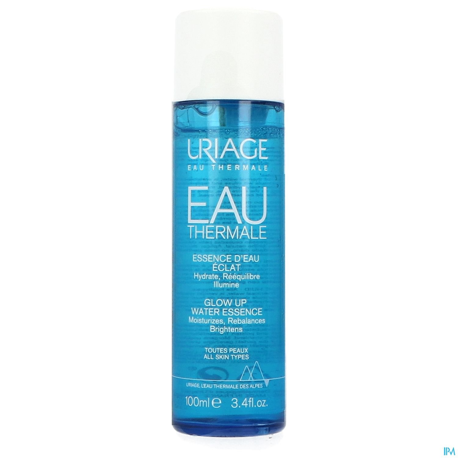 Flasche mit der Aufschrift "Uriage Eau Thermale Glow Up Water Essence", 100 ml, in blauem Design.