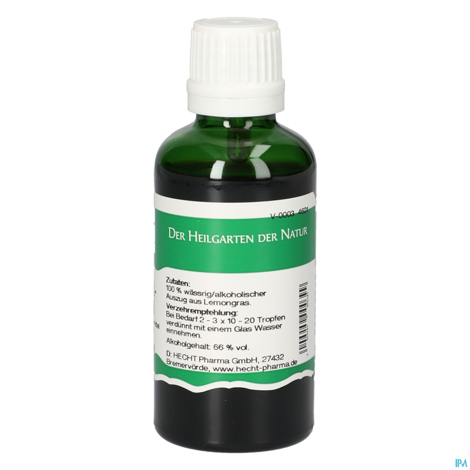 Flasche mit einem flüssigen Nahrungsergänzungsmittel, beschriftet mit "Der Heilgarten der Natur" und Inhaltsstoffen, die auf der Rückseite angegeben sind.