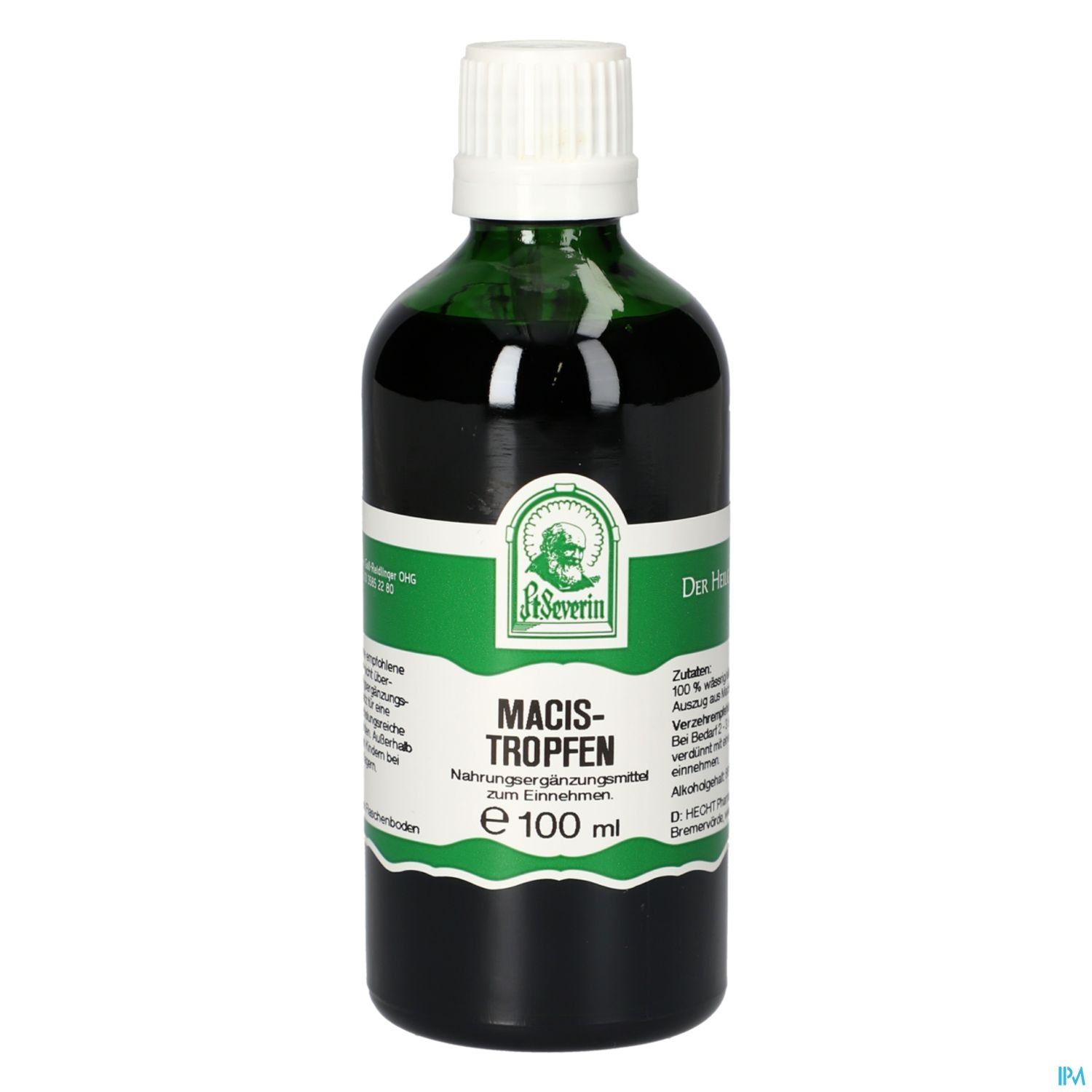 Flasche Macis-Tropfen (Nahrungsergänzungsmittel) mit grün-weißer Etikettierung, Inhalt 100 ml.