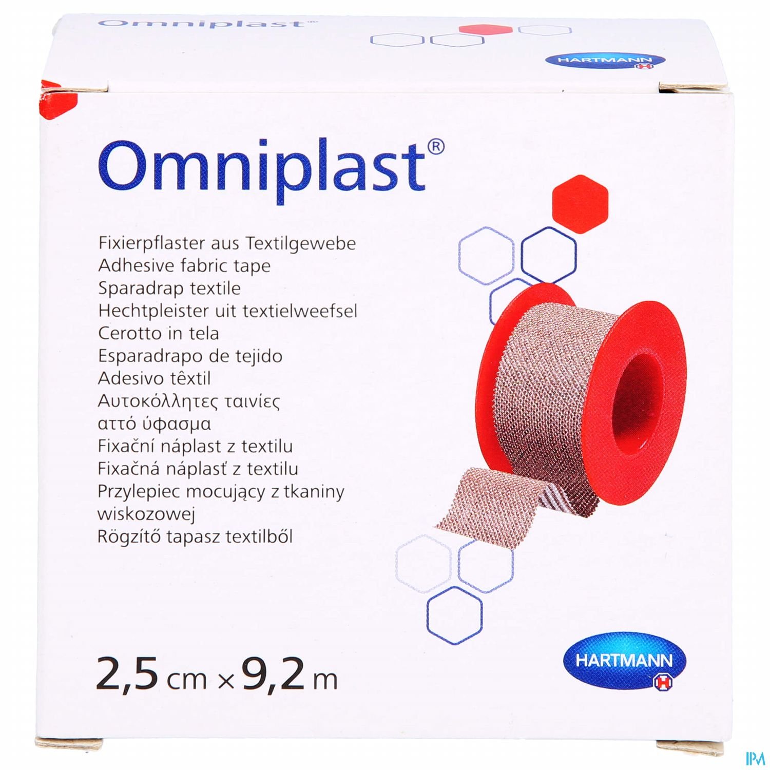 Verpackung von Omniplast Fixierpflaster mit Produktbeschreibung und Maßen 2,5 cm x 9,2 m.