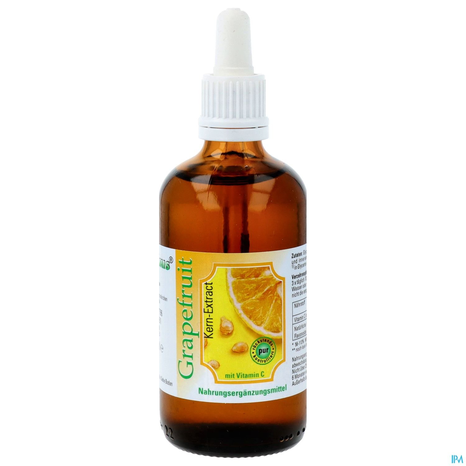 Braune Flasche mit Pipette, beschriftet mit "Grapefruit Kern-Extrakt" und Informationen zu Nahrungs Ergänzungsmitteln, inklusive dem Hinweis auf Vitamin C.