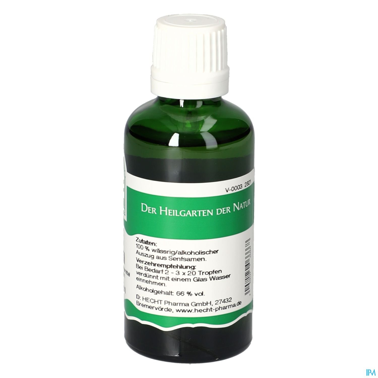 Grüne Glasflasche mit weißem Deckel, beschriftet mit "DER HEILGARTEN DER NATUR" und Angaben zu Inhalt und Anwendung.