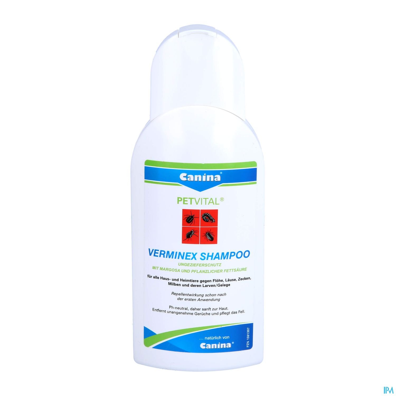 Flasche mit Canina PETVITAL Verminex Shampoo gegen Parasiten für Haustiere.