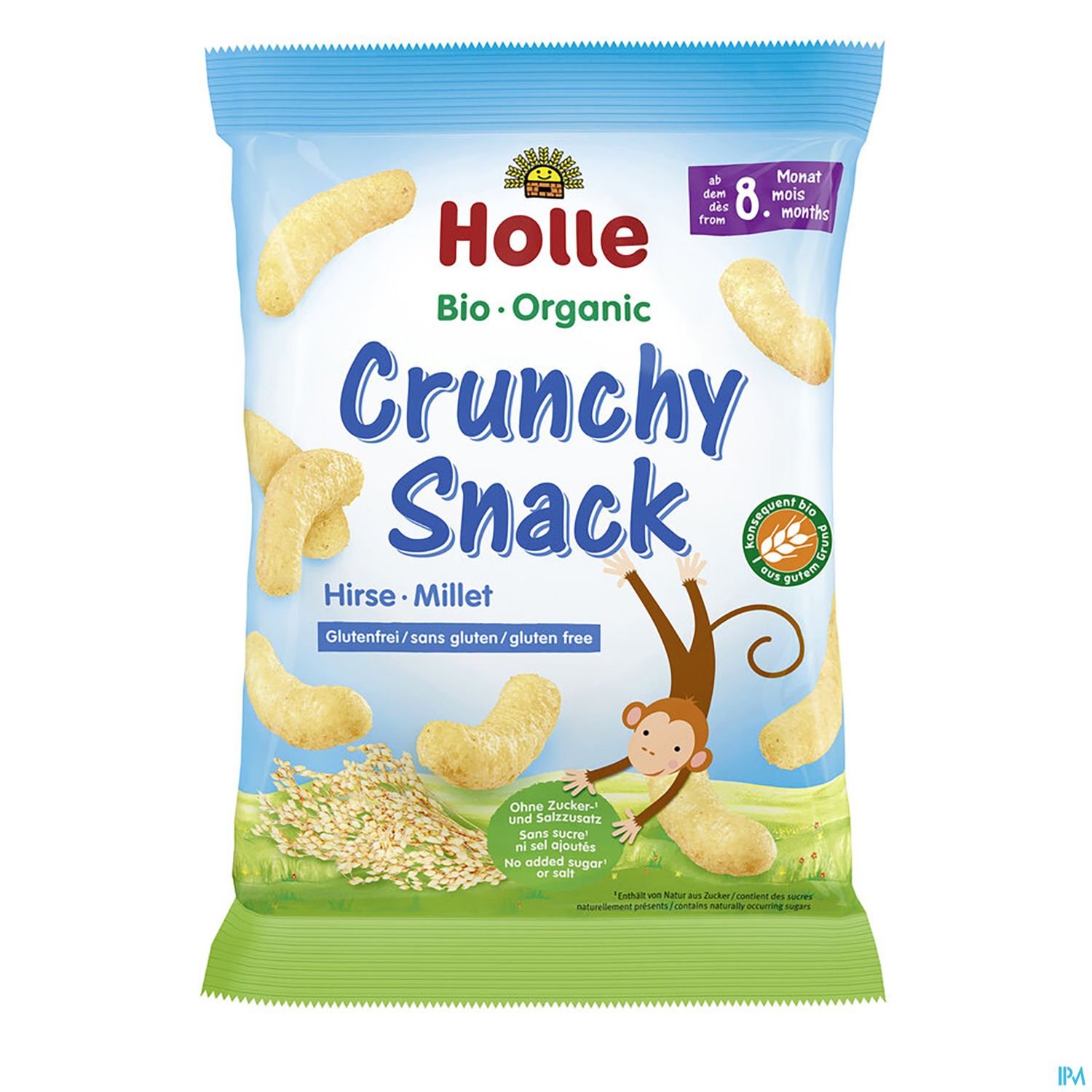 Tüte mit Holle Bio Crunchy Snack aus Hirse, glutenfrei, für Babys ab 8 Monaten, mit abgebildetem fröhlichen Affen.