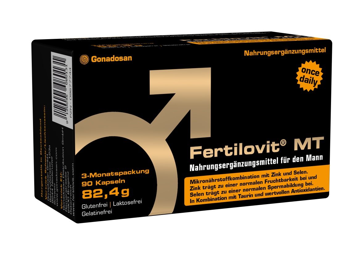 Schachtel mit dem Nahrungsergänzungsmittel "Fertilovit MT" für Männer, enthält 90 Kapseln, gluten- und laktosefrei.