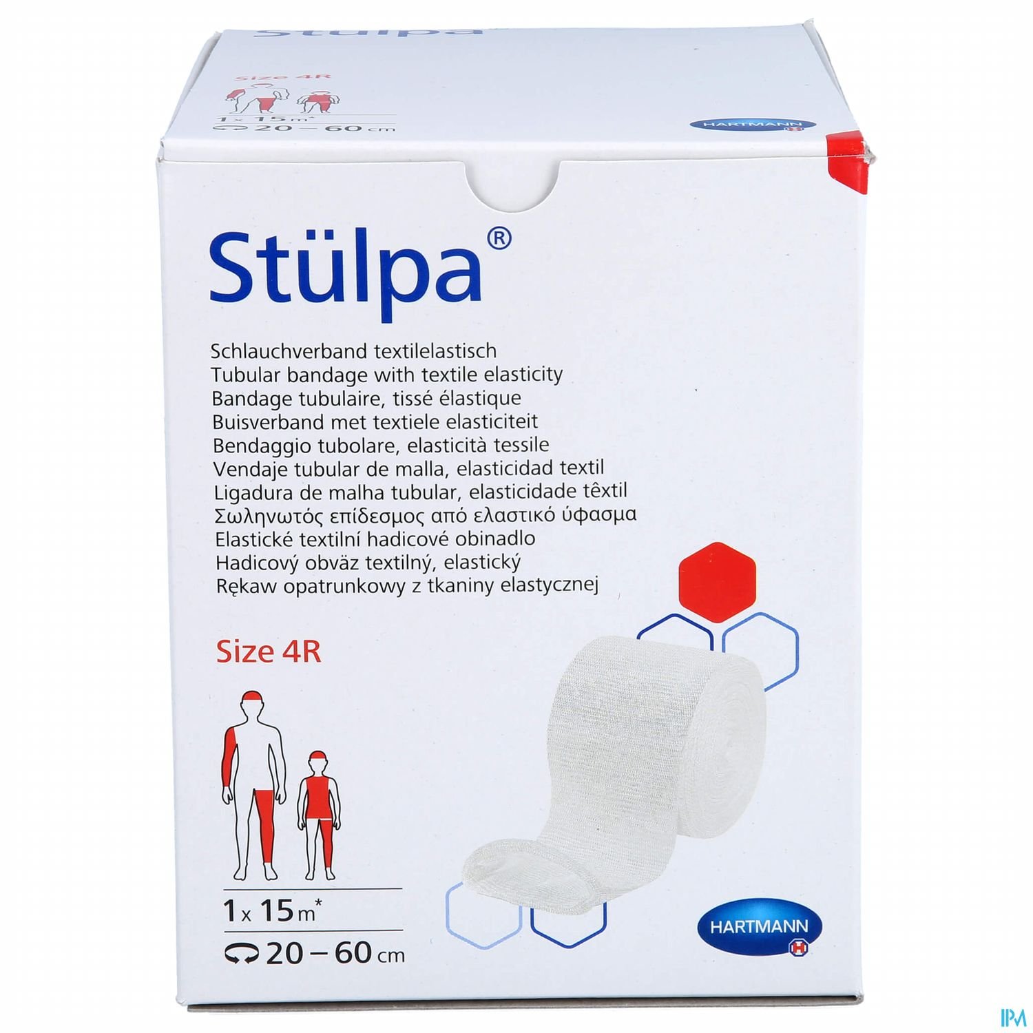 Packung einer elastischen, textilen Schlauchbinde namens "Stülpa", Größe 4R, mit einer Länge von 15 Metern.