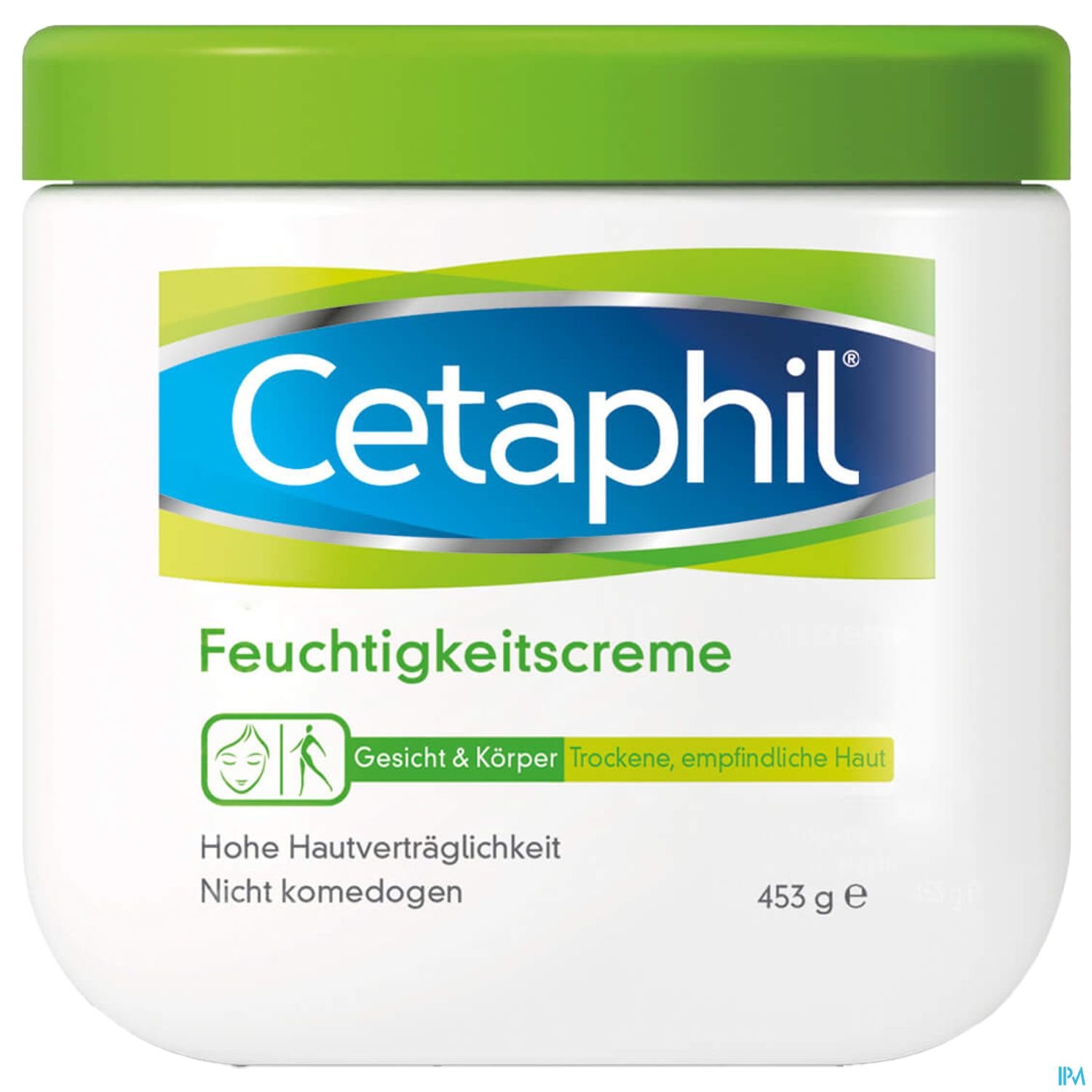 Weißer Behälter mit grünem Deckel, beschriftet mit „Cetaphil Feuchtigkeitscreme“ und Hinweisen zur Anwendung für Gesicht und Körper sowie Informationen zur Hautverträglichkeit.