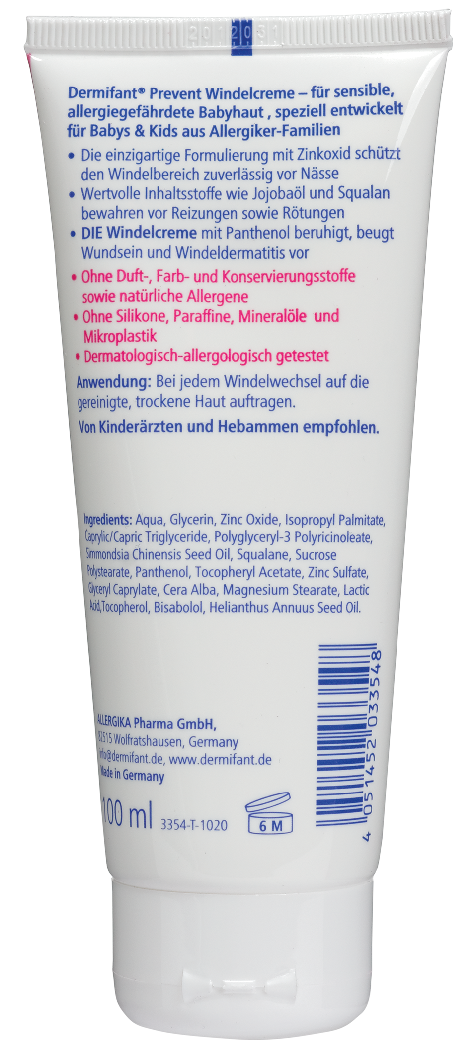Tube der Dermifant® Prevent Windelcreme für empfindliche Haut, mit Beschreibung der Inhaltsstoffe und Anwendungshinweisen.