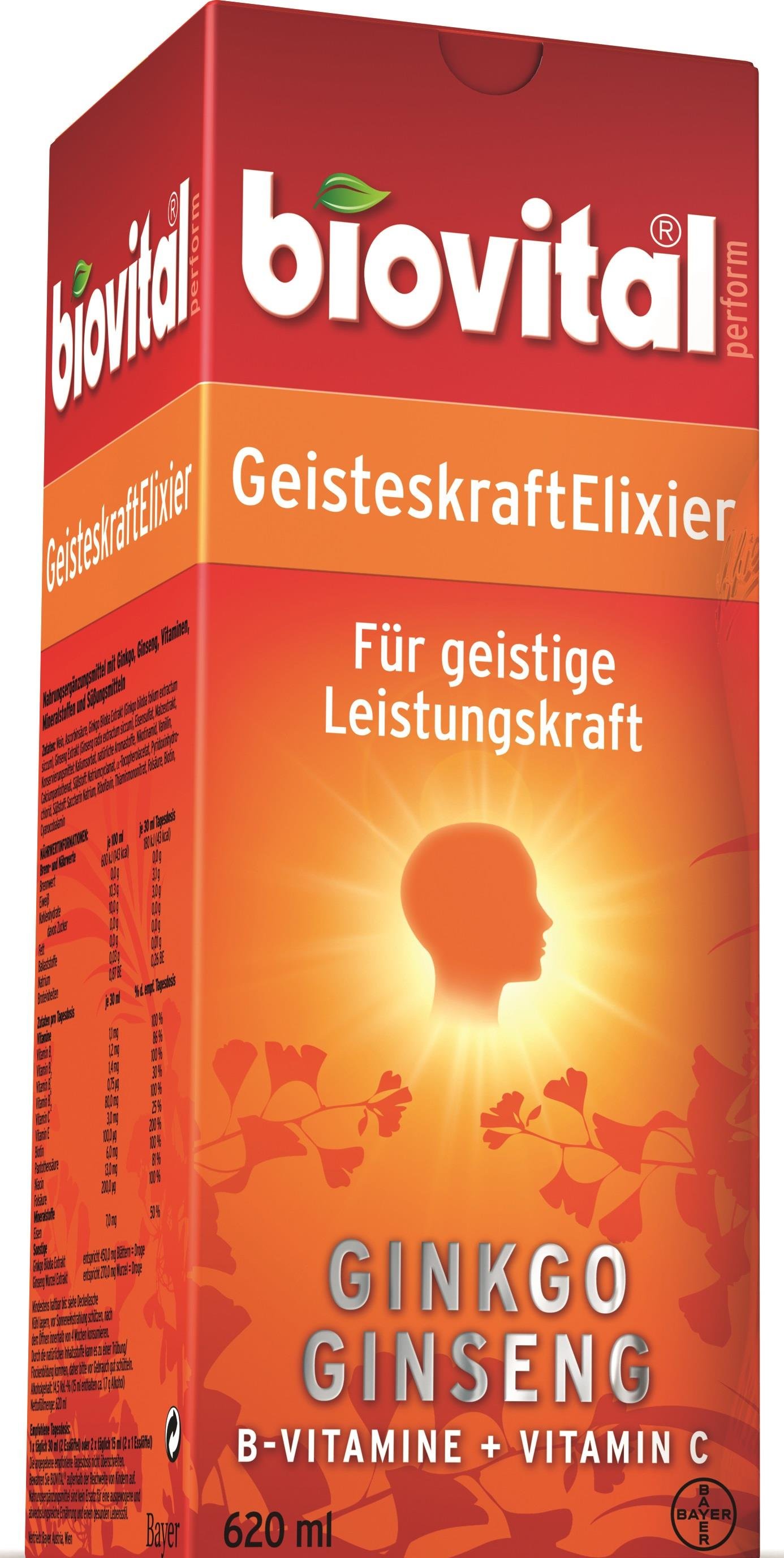 Produktverpackung von biovital GeisteskraftElixier mit der Aufschrift „Für geistige Leistungs-kraft“, Ginkgo und Ginseng, 620 ml.