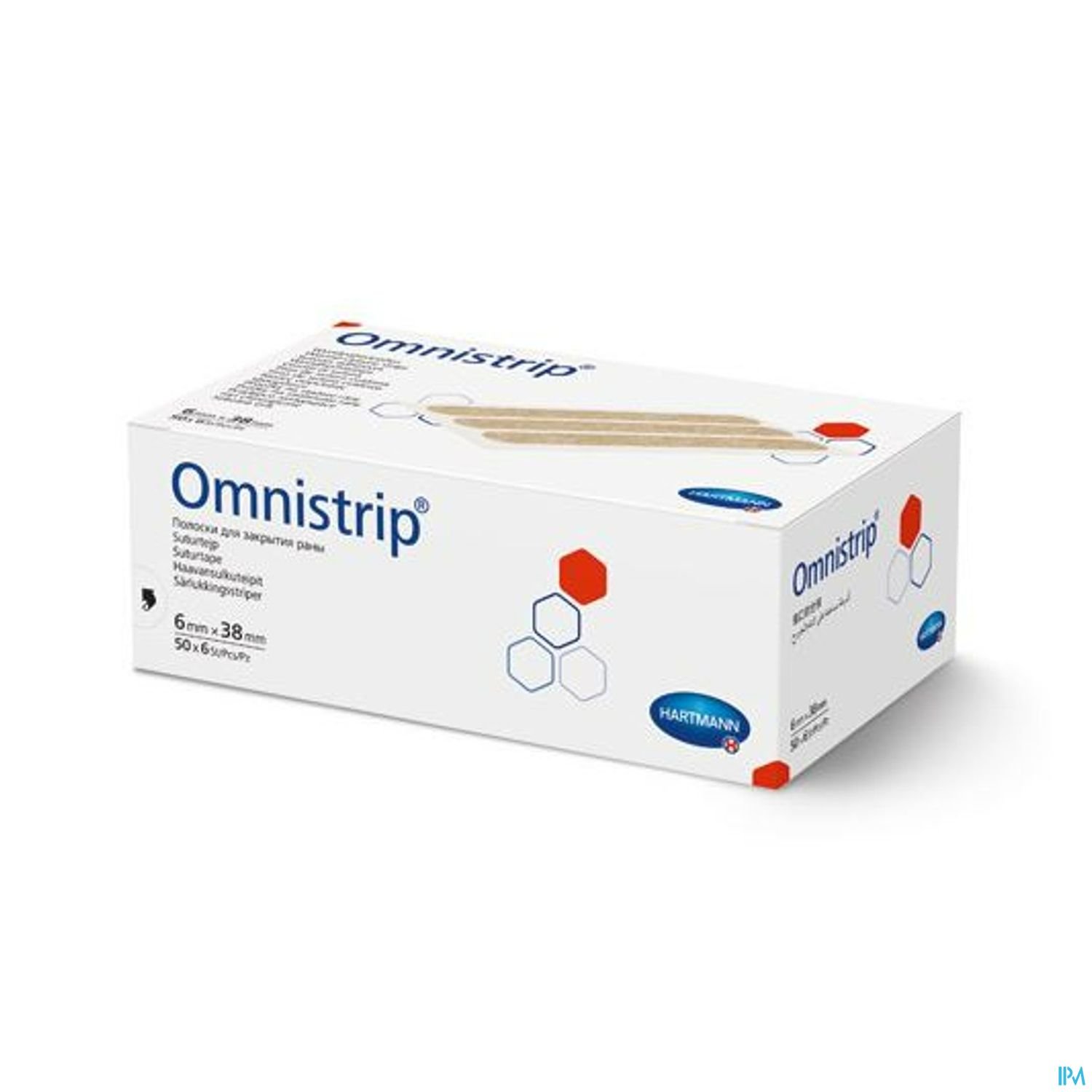 Verpackung von Omnistrip, einem Produkt zur Versorgung von Wunden, mit Informationen zur Größe und Menge.