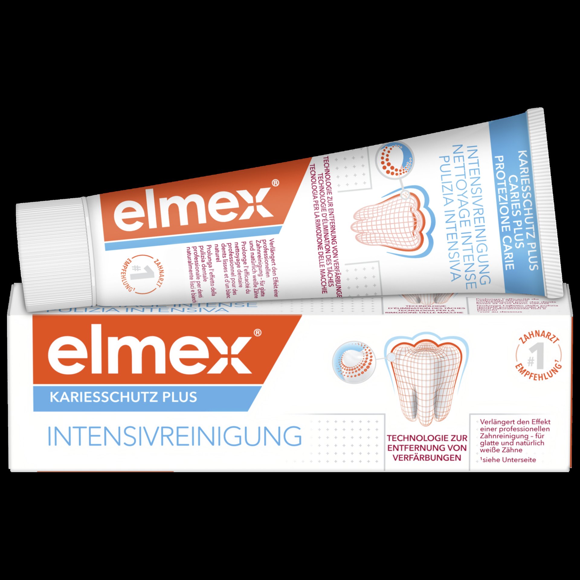 Tube und Verpackung von elmex Karieschutz Plus Intensivreinigung, mit Hinweisen zur Technologie und Anwendung.