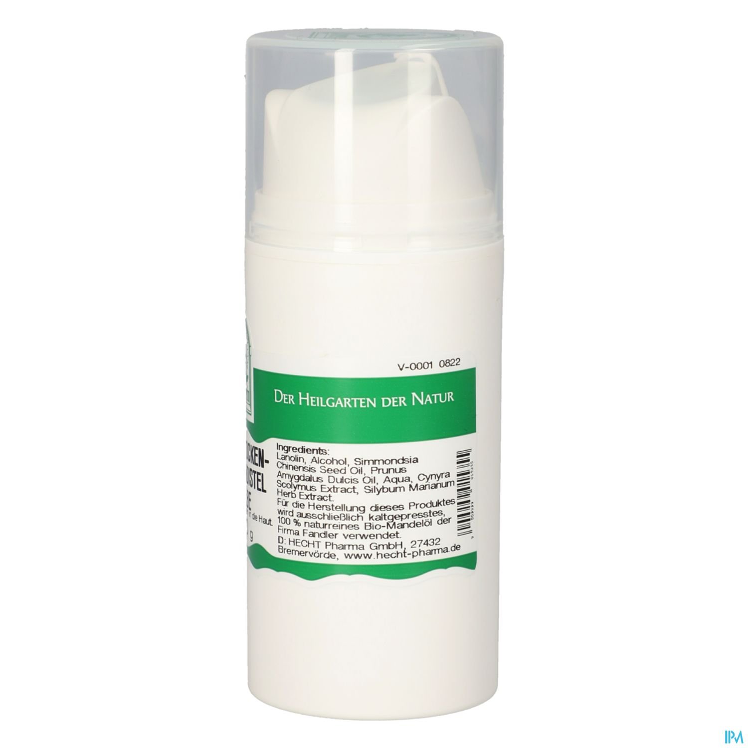 Ein weißer Pumpspender mit grünem Etikett, auf dem Informationen zu den Inhaltsstoffen und der Marke "Der Heilgarten der Natur" abgedruckt sind.