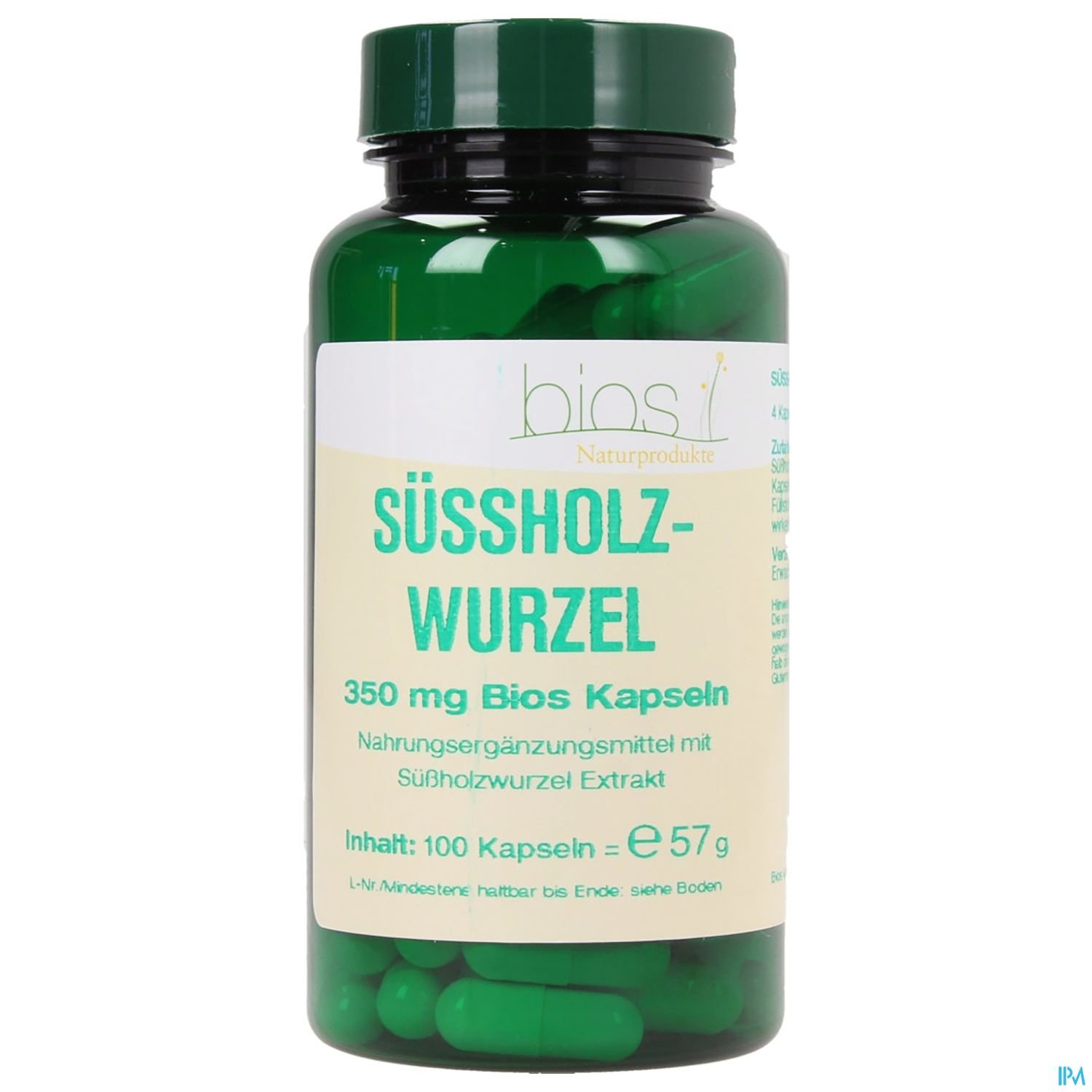 Grüne Flasche mit Nahrungsergänzungsmittel Süßholz-Wurzel, 350 mg, 100 Kapseln.