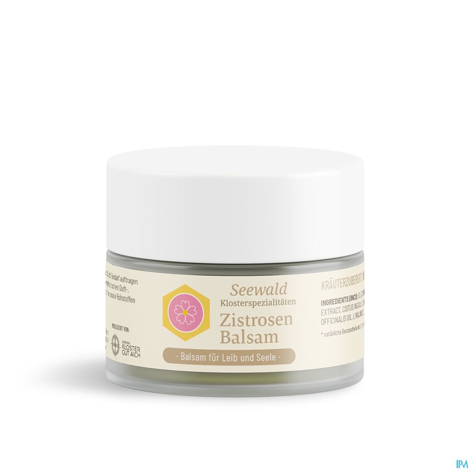 Tiegel mit Zistrose Balsam, beschriftet mit "Seewald Klosterspezialitäten" und "Balsam für Leib und Seele".