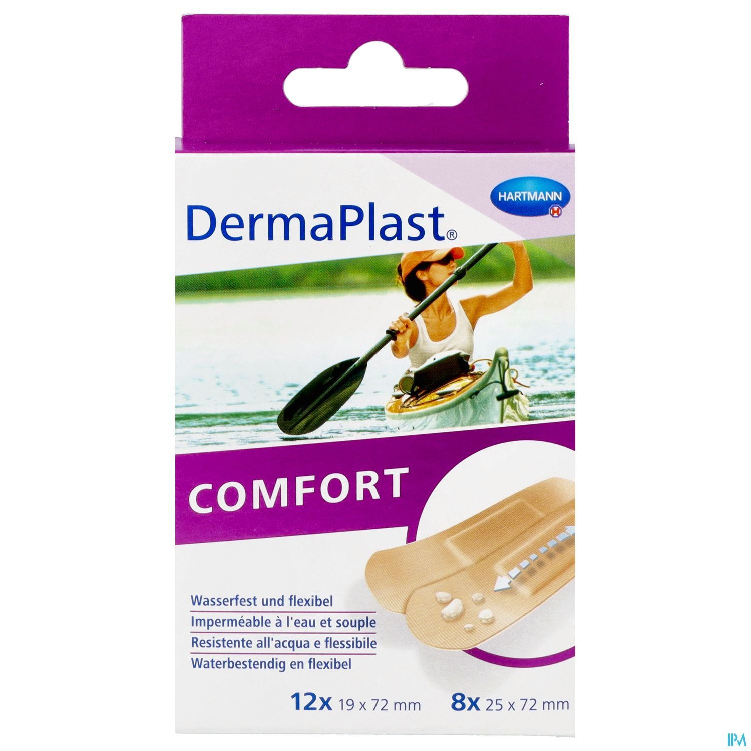 Verpackung von DermaPlast Comfort mit Wundpflastern, farblich gekennzeichnet und mit Informationen zur Anwendung.