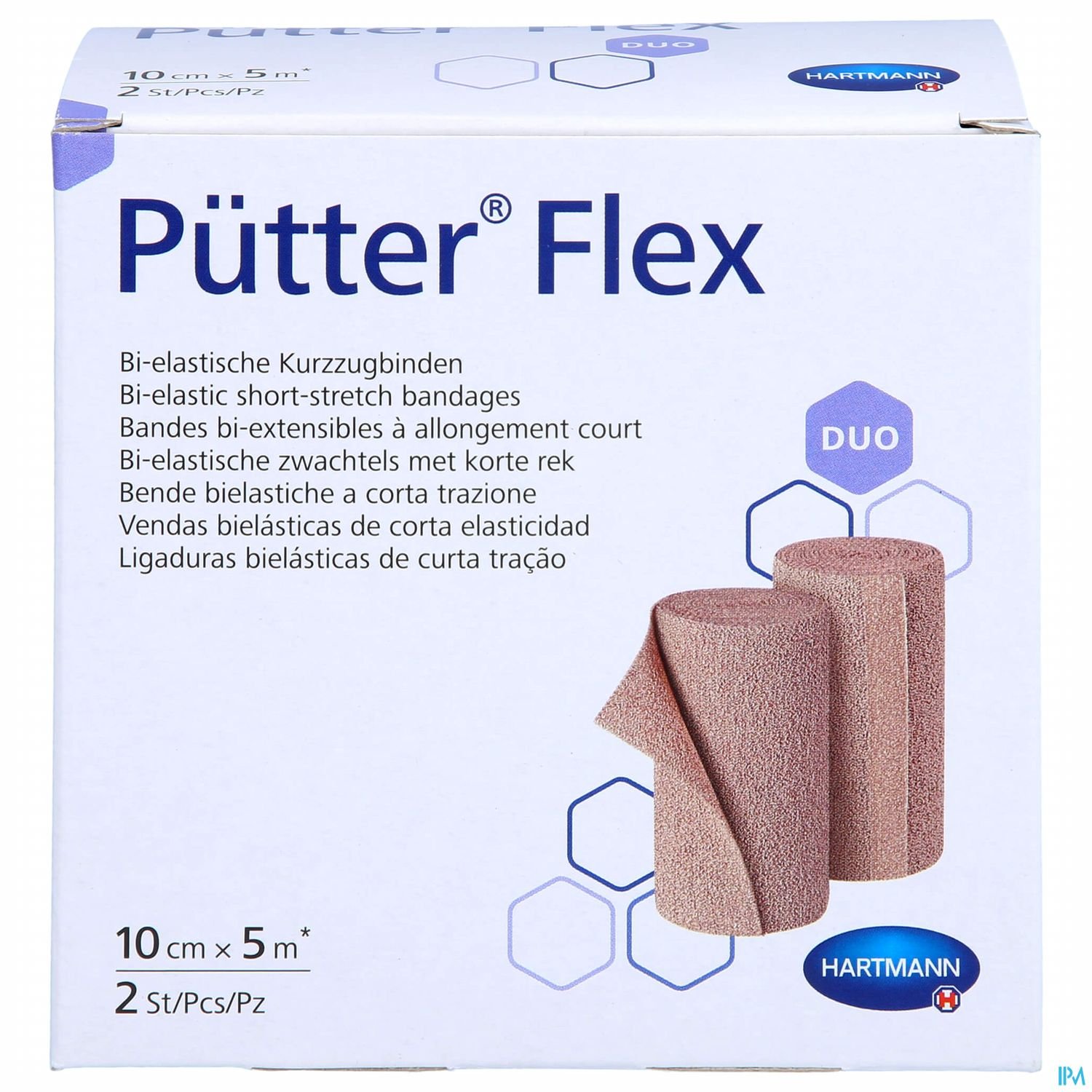 Verpackung von Pütter Flex bi-elastischen Kurzverbänden in einer Box mit zwei Binden, die jeweils 10 cm x 5 m messen.