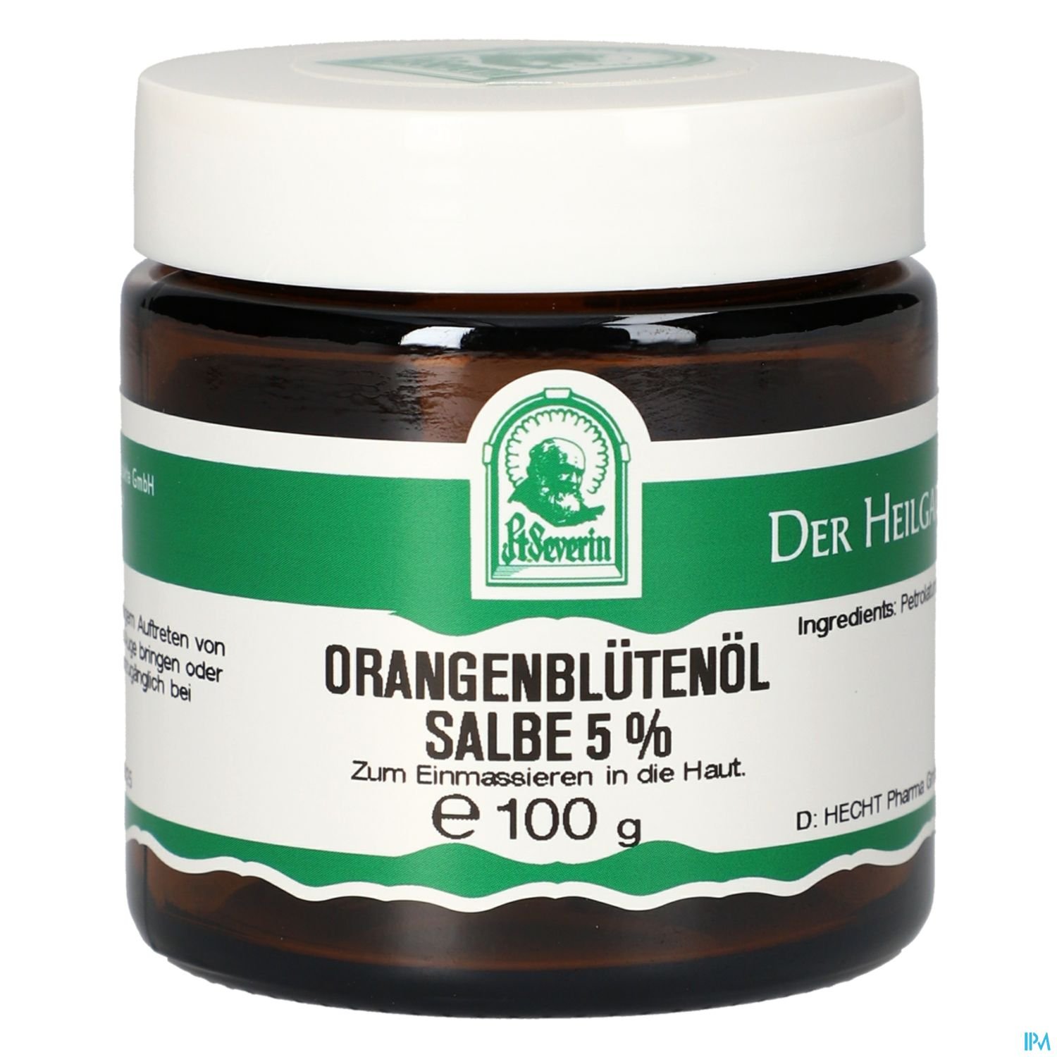 Braunes Glasgefäß mit weißem Deckel, beschriftet mit "ORANGENBLÜTENÖL SALBE 5 %" und "Der Heiligen".