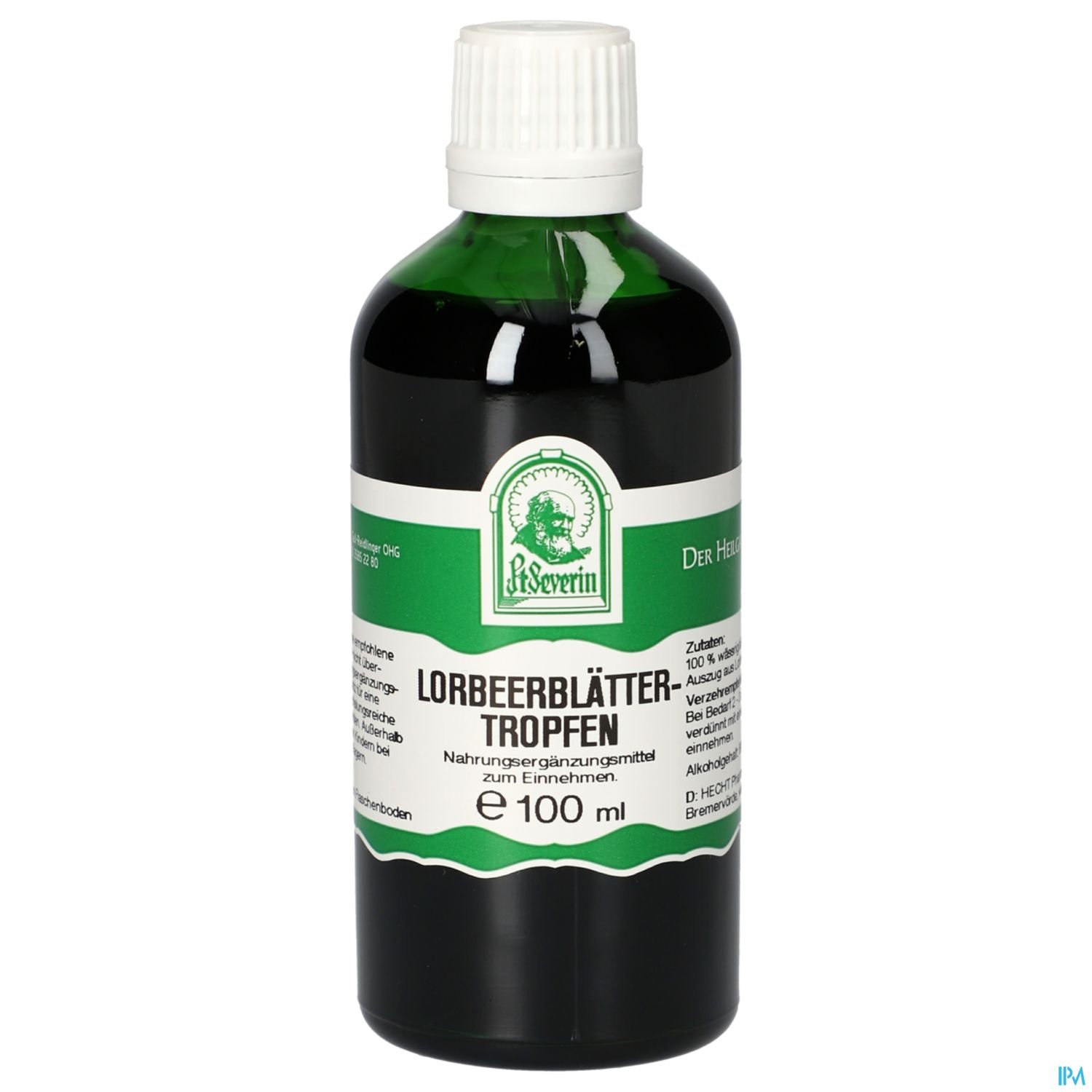 Flasche mit Lorbeerblättertropfen, 100 ml, mit grün-weißem Etikett.