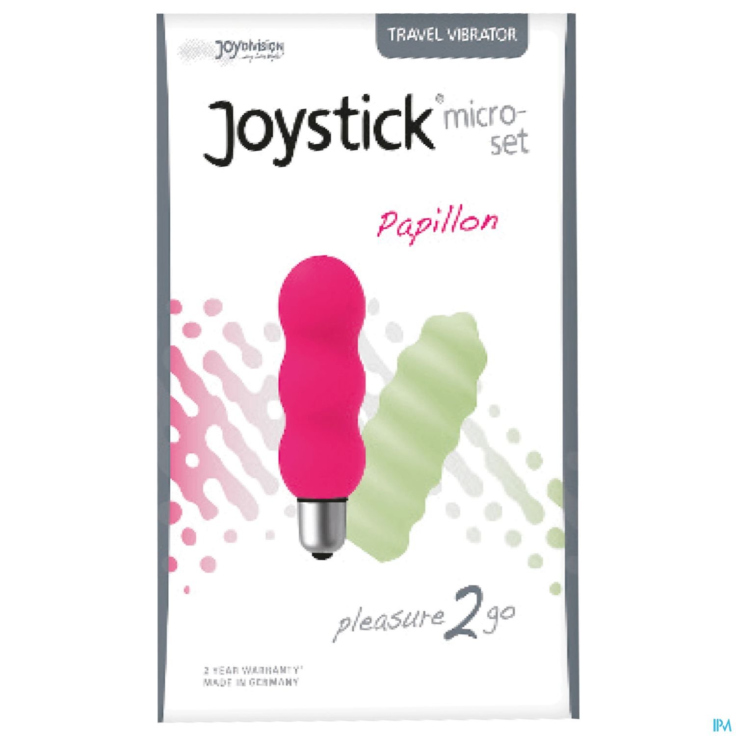 Verpackung eines Reiseweltraktes in pink mit dem Namen „Joystick micro-set Papillon“ und dem Schriftzug „pleasure 2 go“.