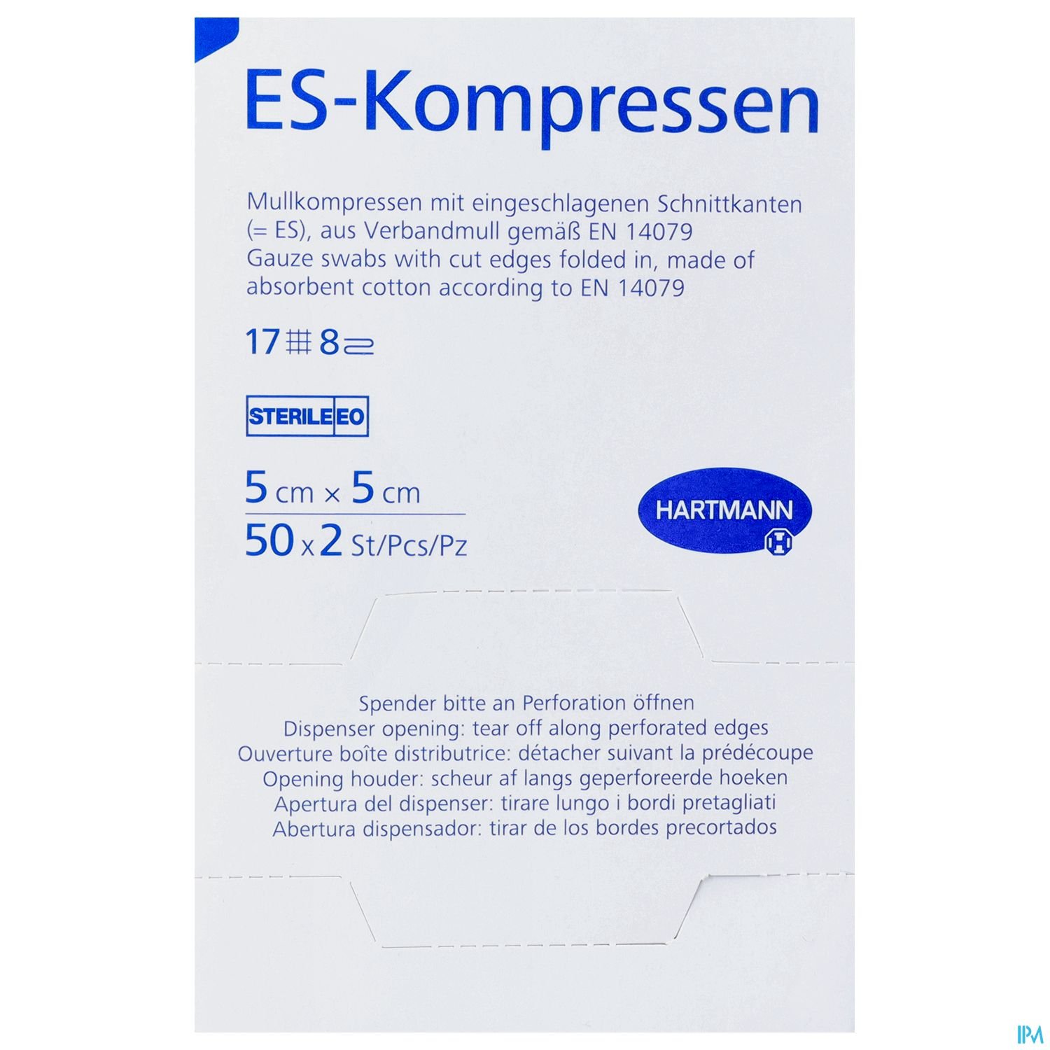 Produktverpackung mit der Aufschrift "ES-Kompressen", Angaben zu Größe, Sterilität und Inhalt der Mullkompressen.