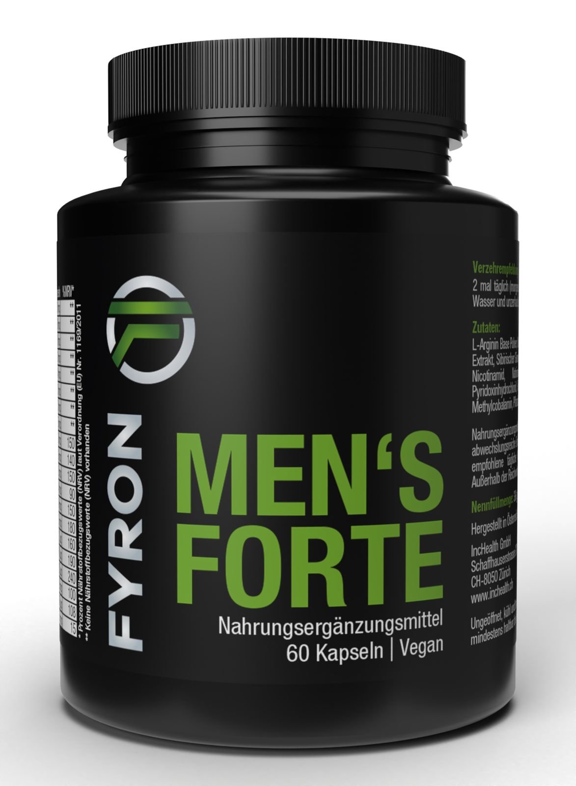 Schwarze Flasche mit dem Aufdruck "Men's Forte" und der Beschreibung "Nahrungsergänzungsmittel, 60 Kapseln, vegan".