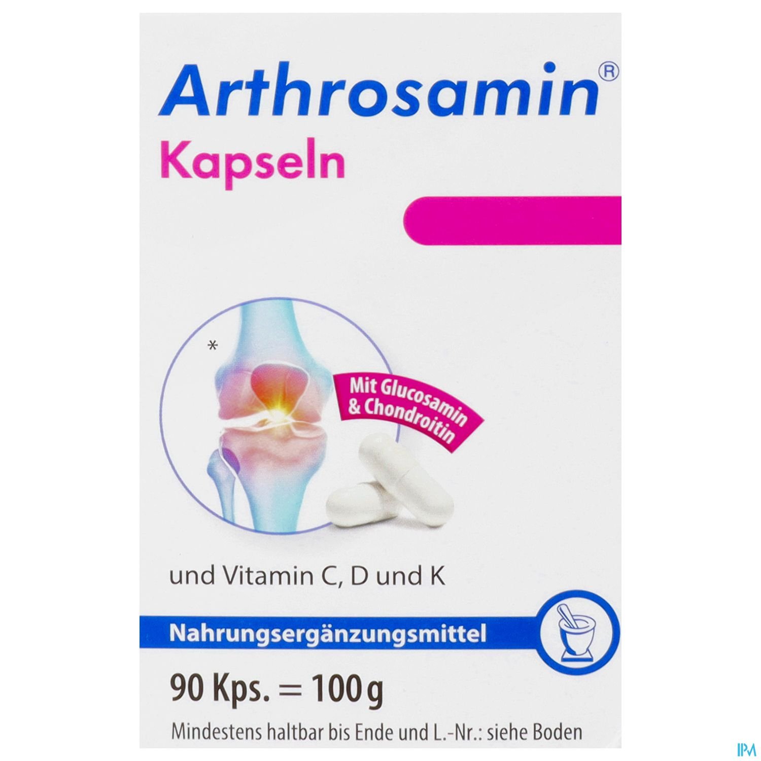Verpackung von Arthrosamin Kapseln mit Abbildung eines Gelenks, Hinweis auf Glucosamin und Chondroitin, Angaben zu Vitaminen C, D und K sowie Inhalt von 90 Kapseln.