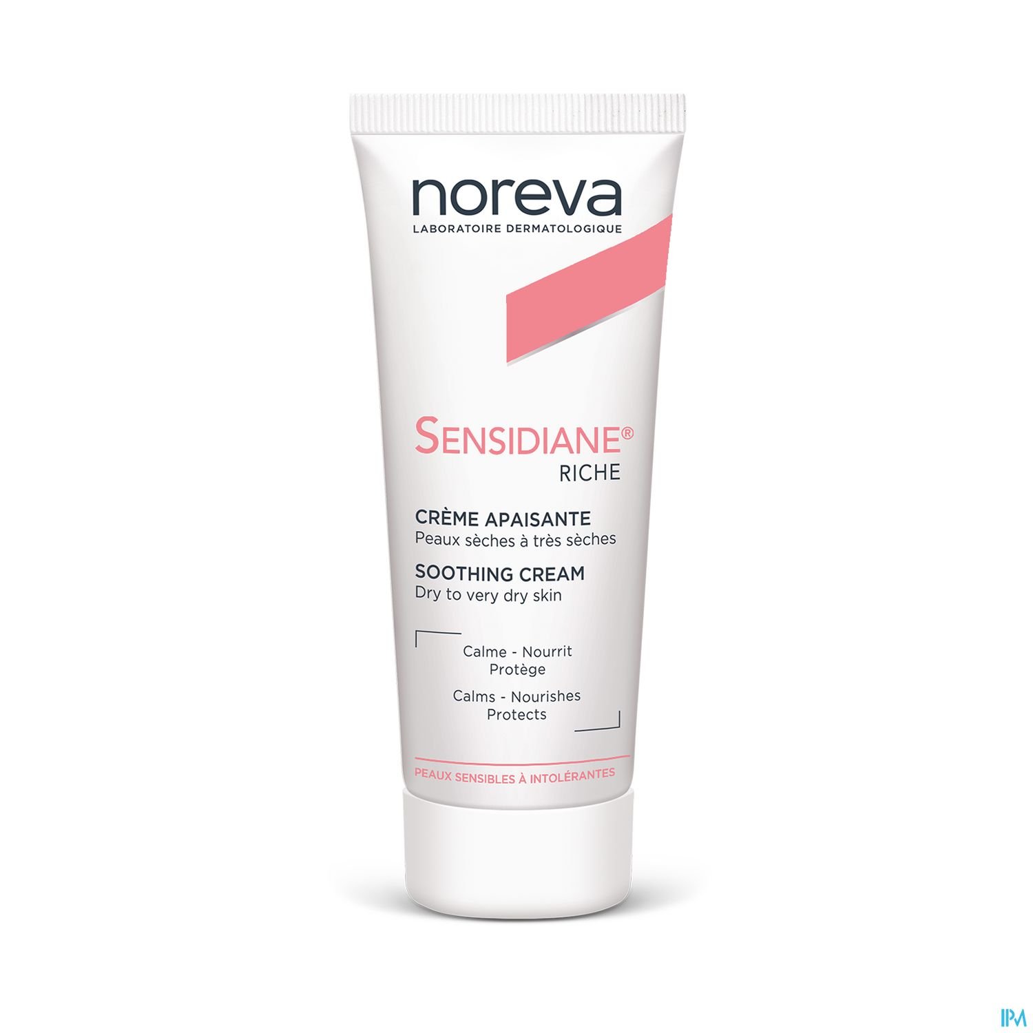 Tube mit Noreva Sensidiane Riche Soothing Cream für sehr trockene Haut, mit Beschreibung der Eigenschaften.