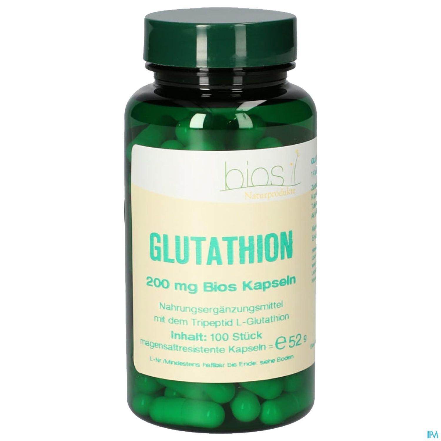 Grüne Kapseln in einer schwarzen Kunststoffflasche mit dem Etikett "GLUTATHION 200 mg Bios Kapseln" und Informationen über Inhalt und Hersteller.