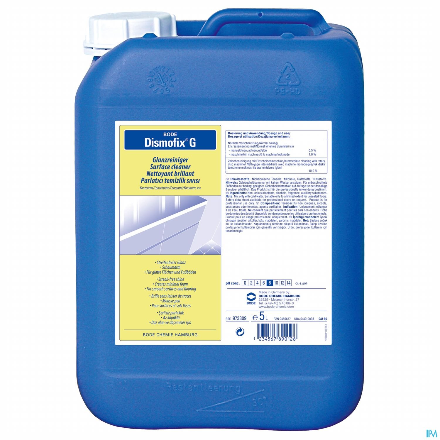 Blauer Kunststoffkanister mit gelbem Etikett, auf dem "BODE Dismofix G" sowie Anwendungshinweise und Inhaltsstoffe abgedruckt sind.