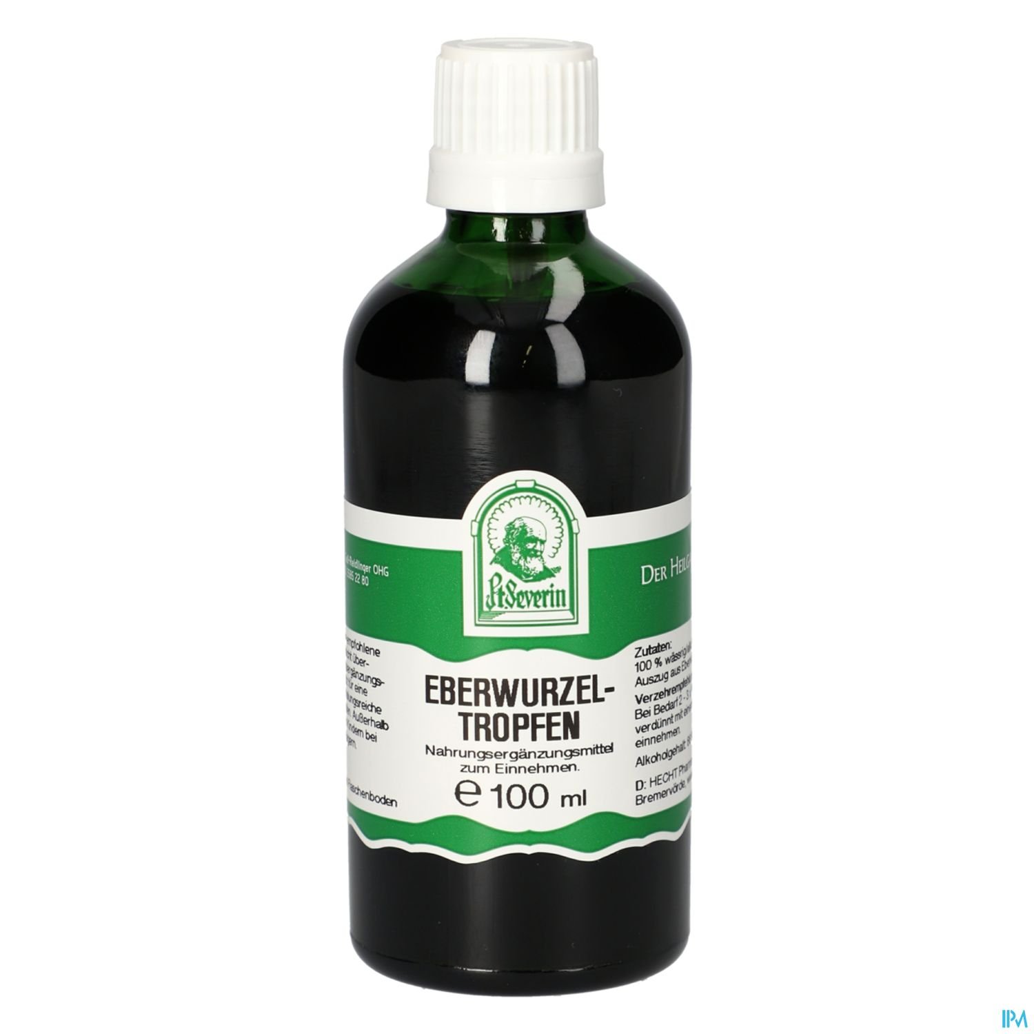 Grüne Flasche mit schwarzem Deckel und Etikett, beschriftet mit "Eberwurzel-Tropfen, 100 ml".