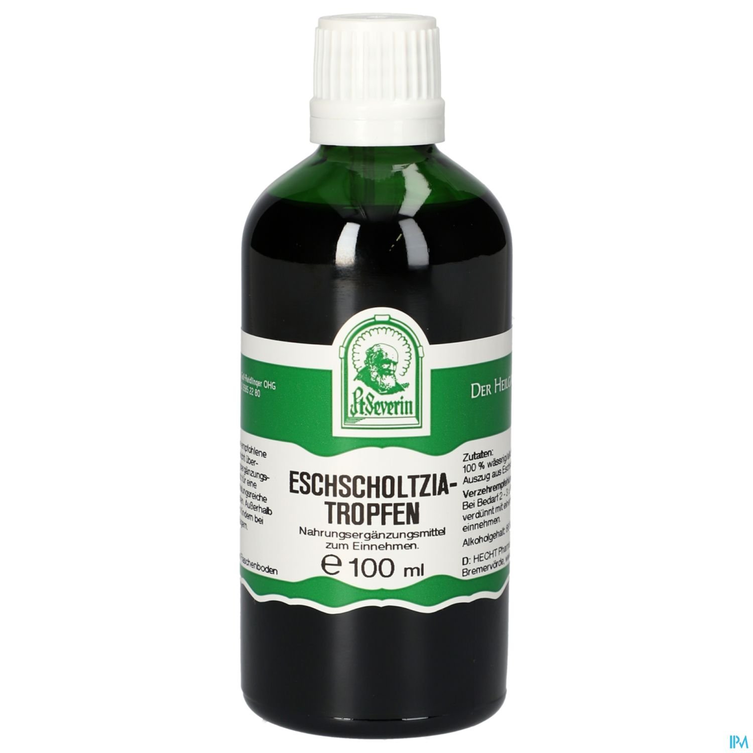 Flasche mit Eschscholtzia-Tropfen, 100 ml, auf einem weißen Hintergrund.