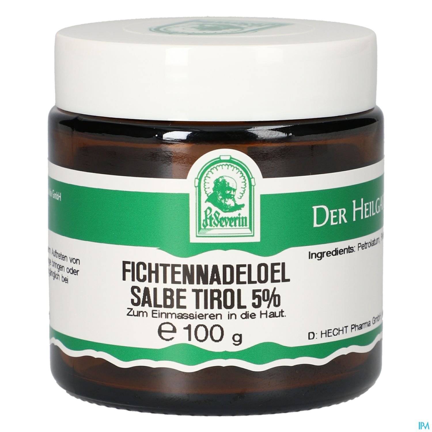 Brauner Glastiegel mit weißem Deckel, beschriftet mit "Fichtennadelöl Salbe Tirol 5%", 100 g, zum Einmassieren in die Haut.