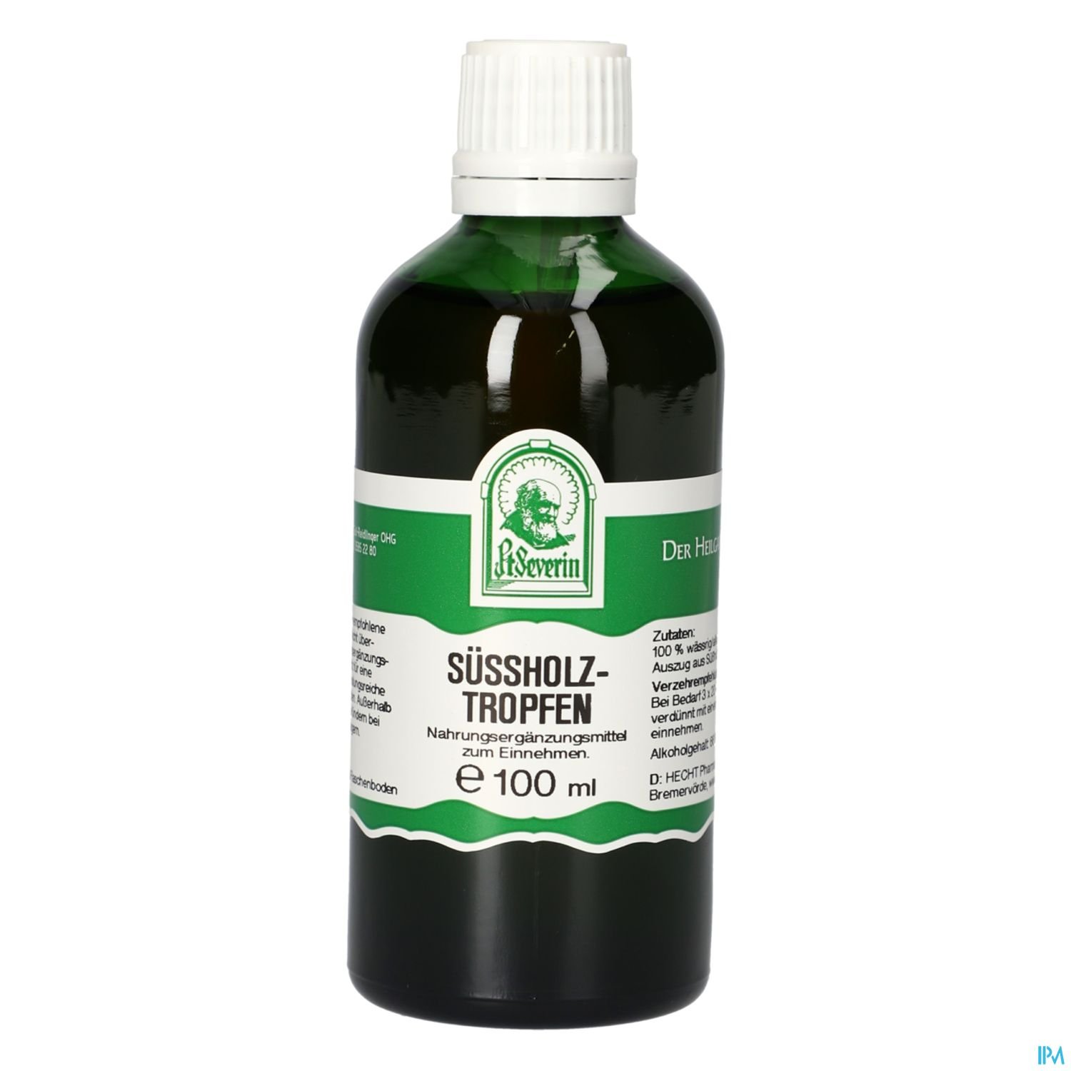 Flasche mit Süßholztropfen, 100 ml, mit grünem Etikett und weißem Verschluss.