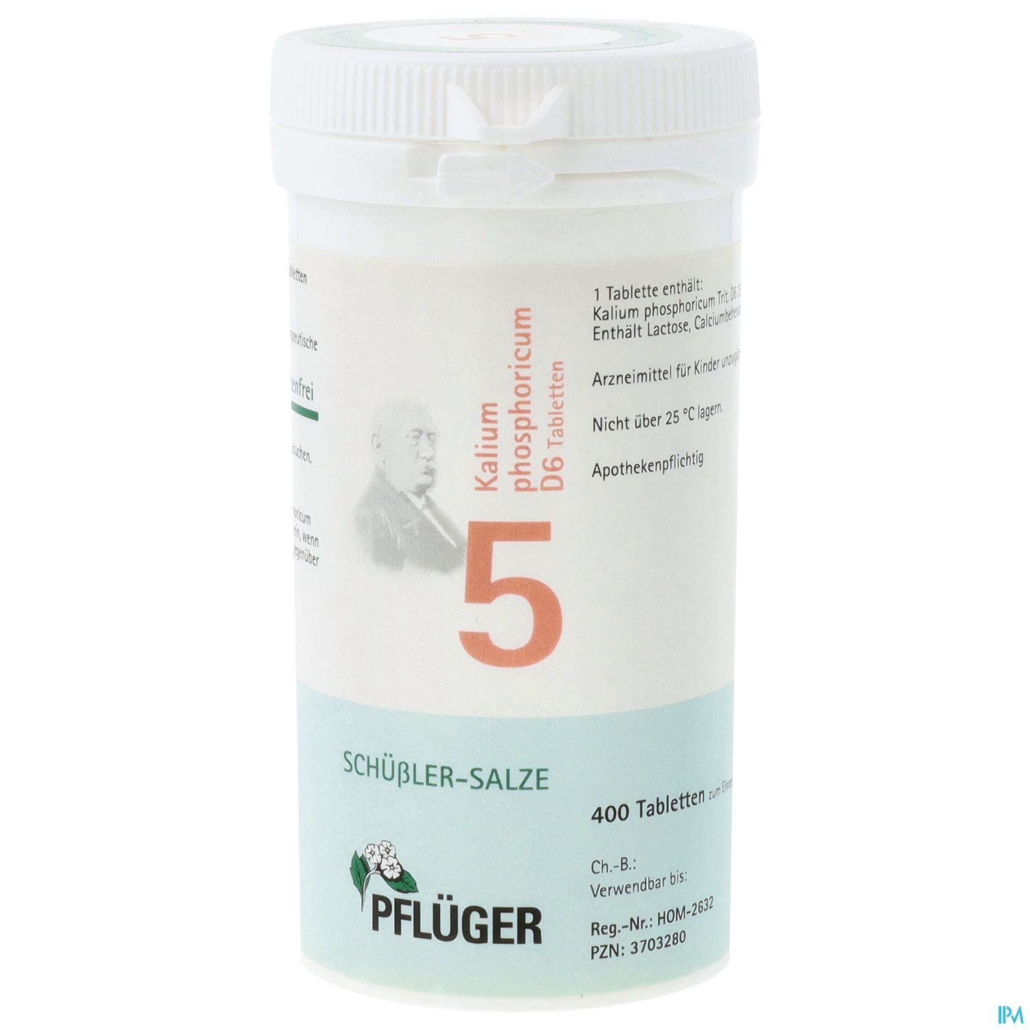 Weißes Röhrchen mit schwarzem Deckel, beschriftet mit "Kalium phosphoricum D6 Tabletten", 400 Tabletten, Anbieter Pflüger.