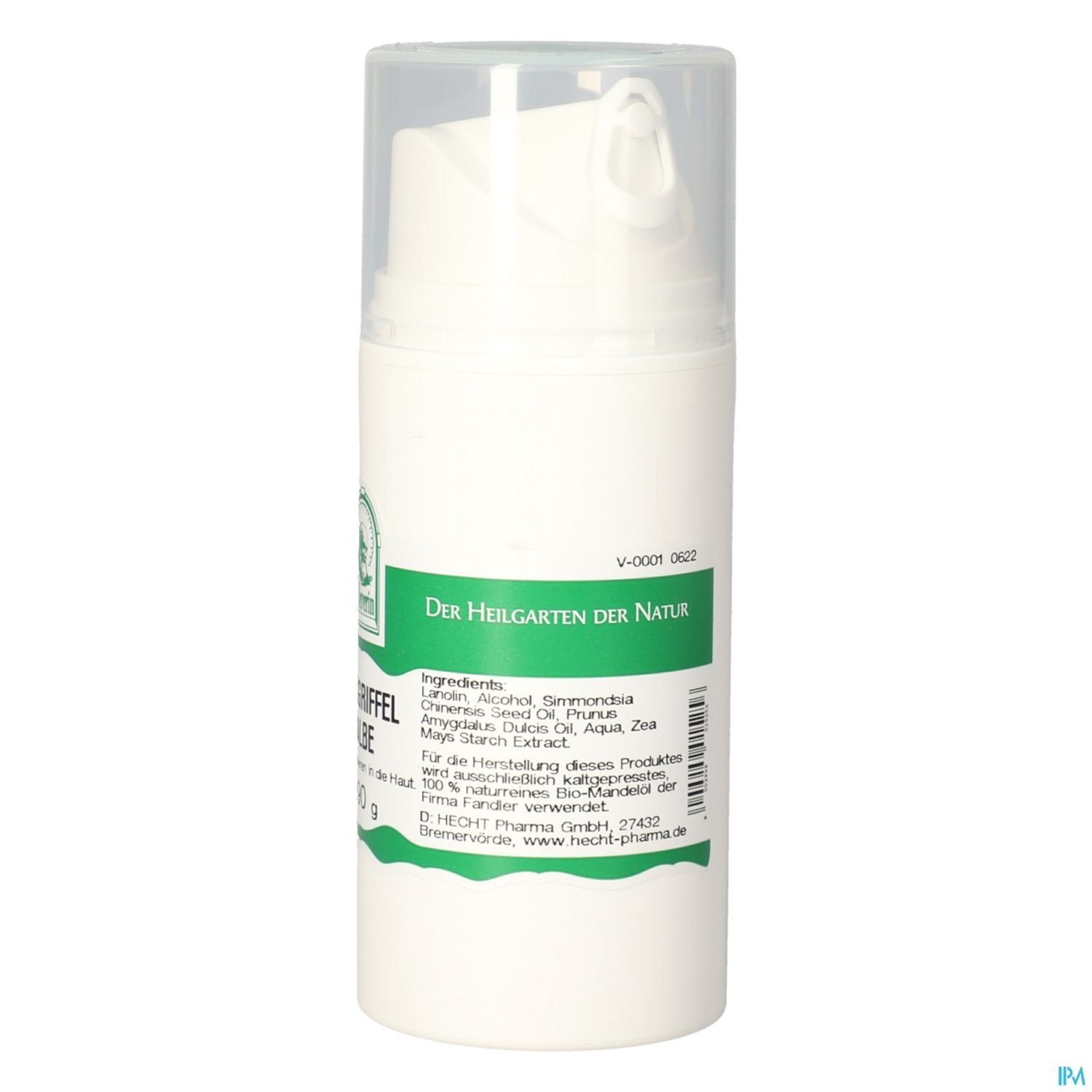 Weißer Pumpbehälter mit Aufschrift „Der Heilgarten der Natur“ und Ingredients auf der Rückseite.