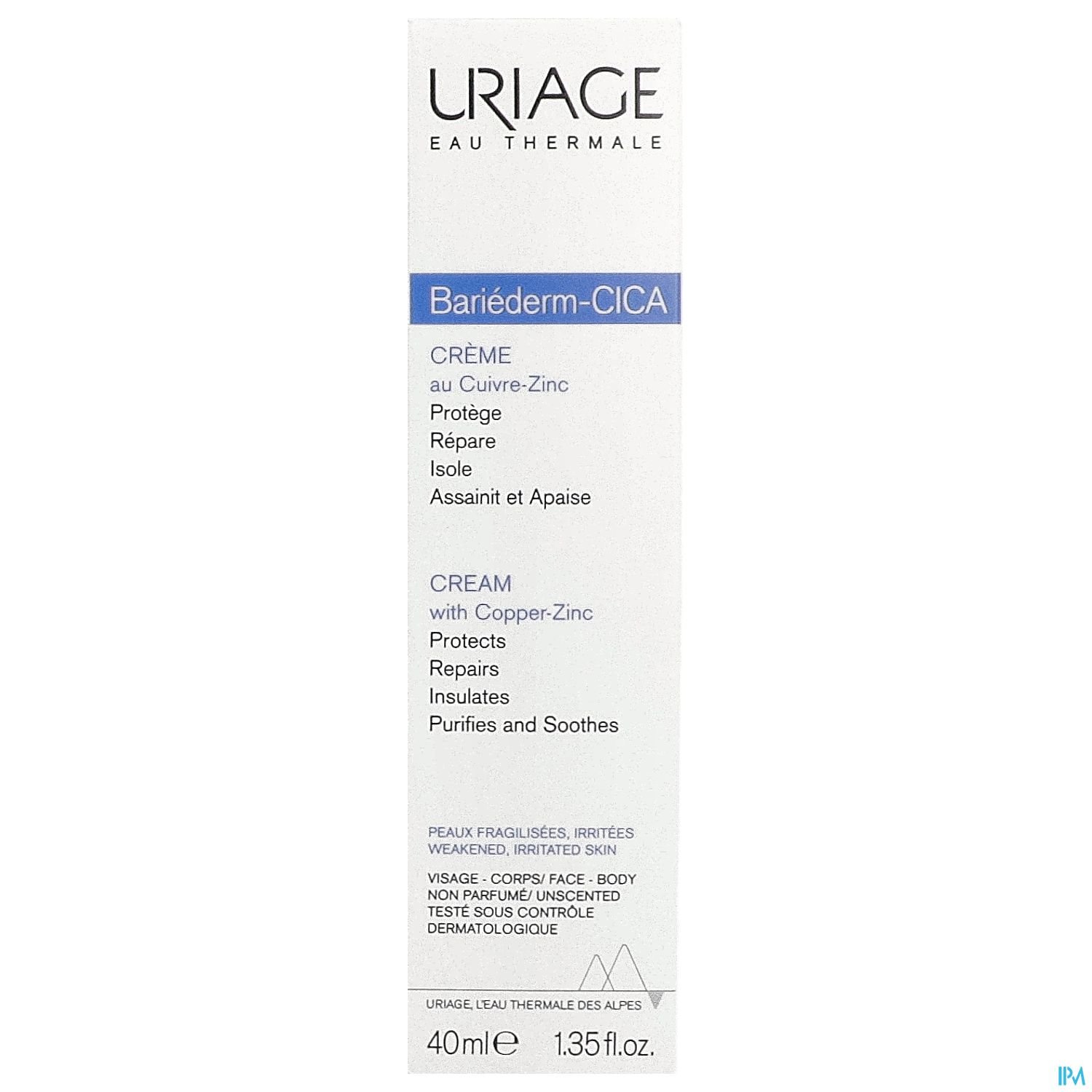 Produktverpackung der Uriage Bariéderm-CICA Creme mit der Beschreibung "Crème au Cuivre-Zinc" und den Hinweisen zur Anwendung für Gesicht und Körper.