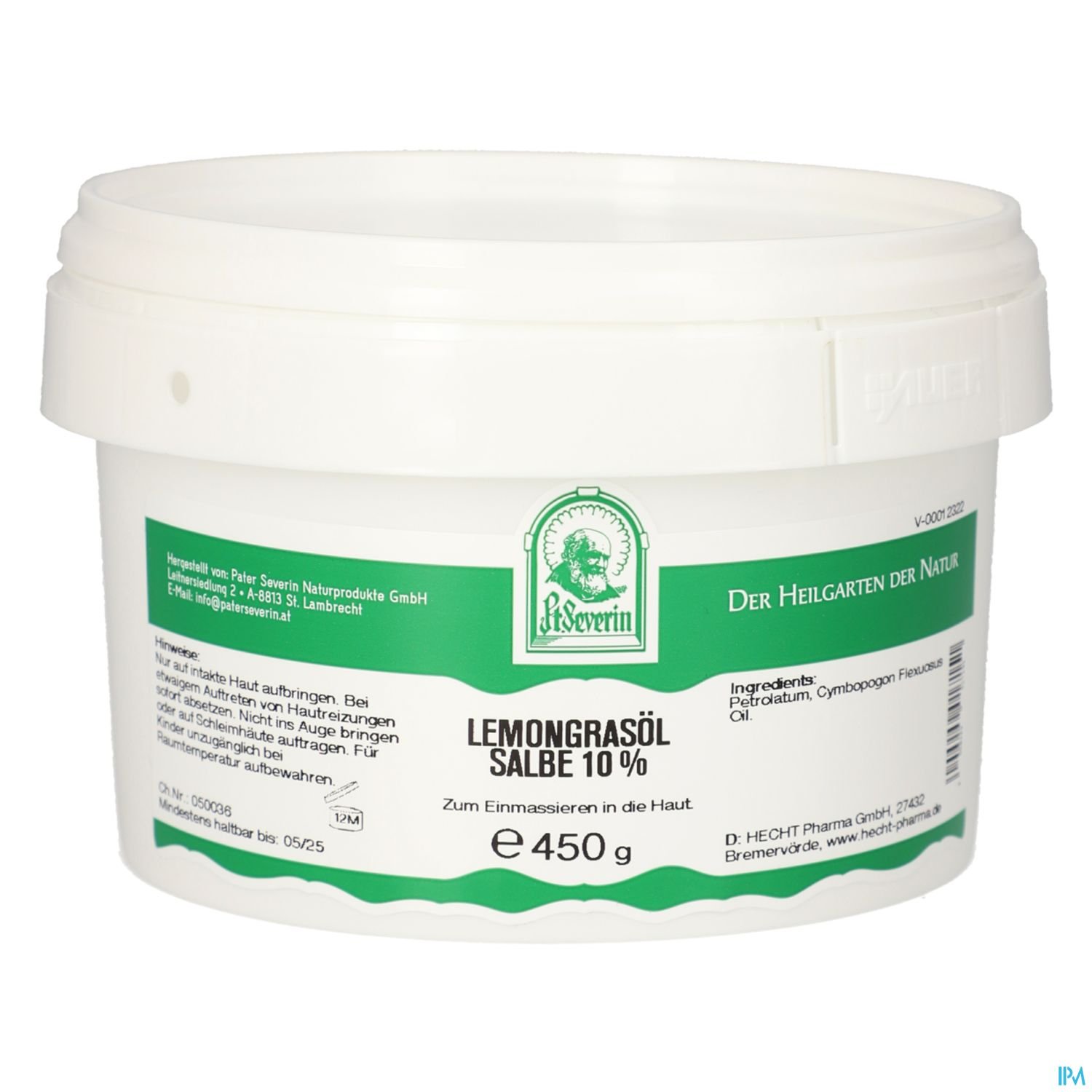 Weißer Behälter mit Lemongrasöl Salbe 10 %, 450 g, auf dem Etikett sind die Inhaltsstoffe und Anwendungshinweise abgedruckt.