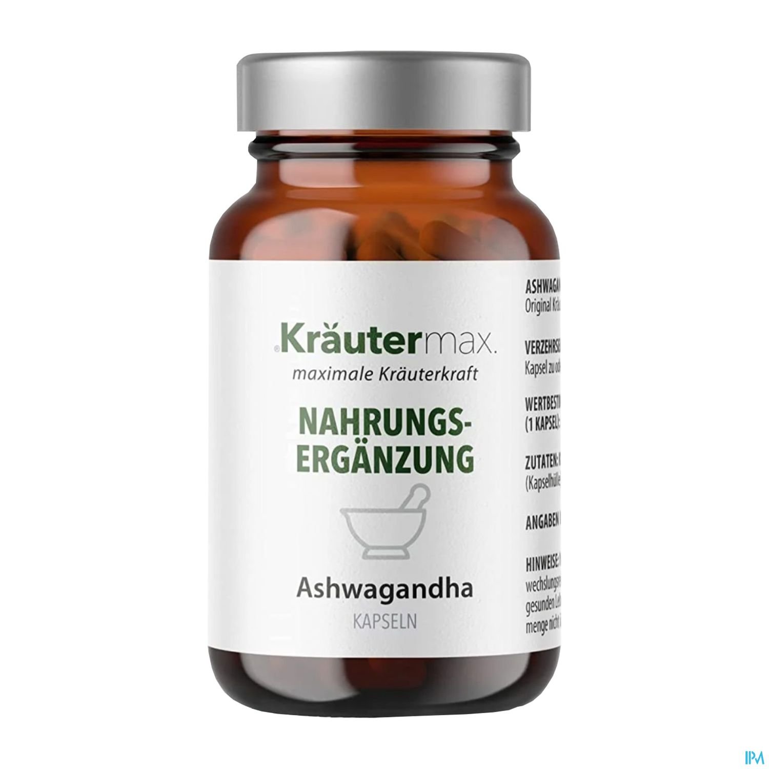 Brauner Glasbehälter mit Schraubverschluss und Etikett, das "Kräutermax Nahrungs-Ergänzung Ashwagandha Kapseln" zeigt.