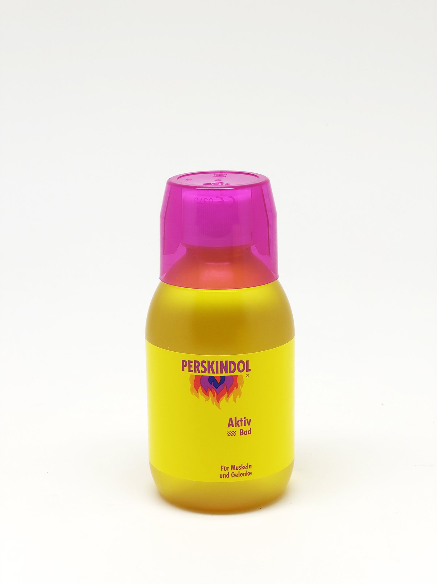 Flasche mit Perskindol Aktiv, gelb mit lila Kappe, für Muskulatur und Gelenke.