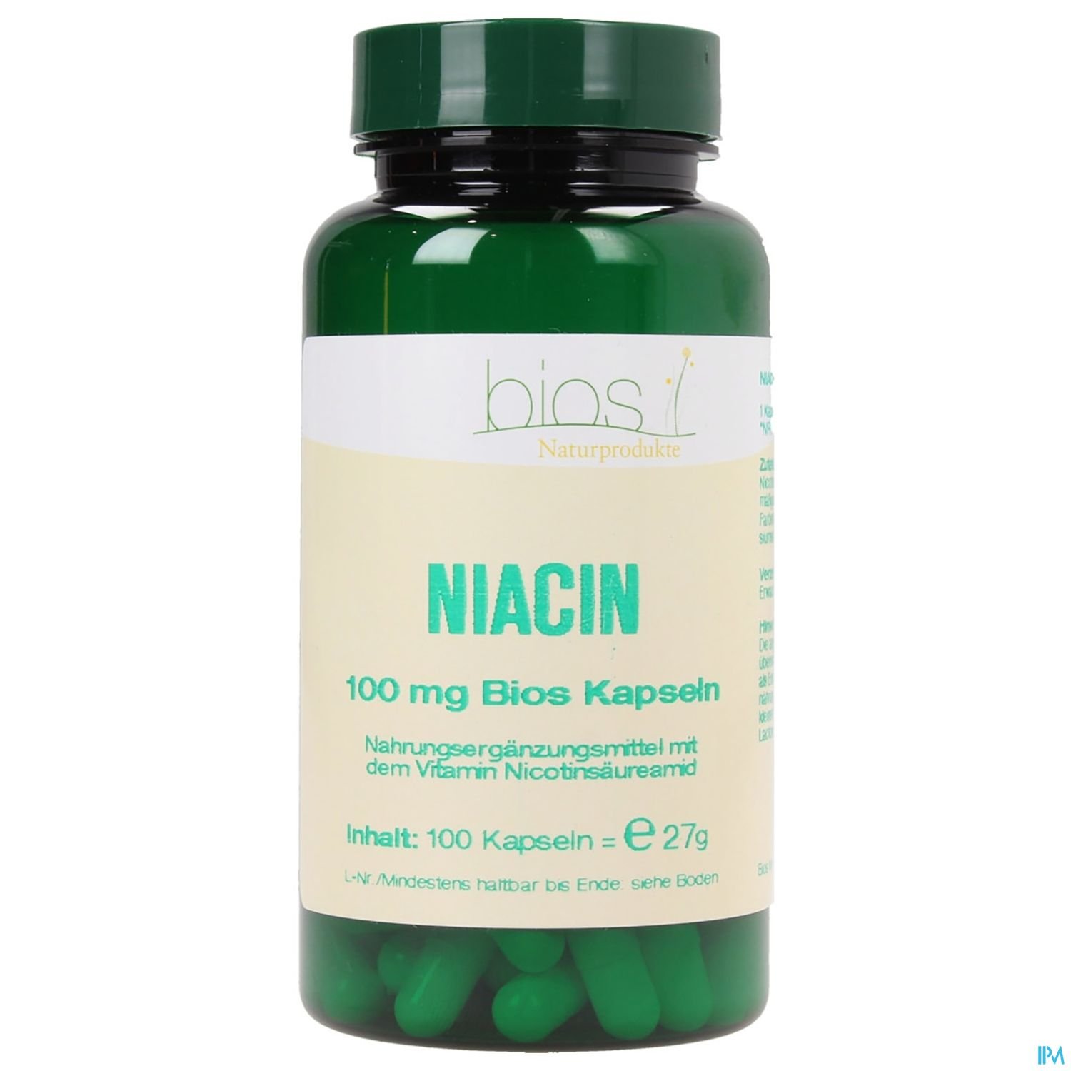 Grüne Kapselpackung mit der Aufschrift "NIACIN 100 mg" und dem Hinweis auf Inhaltsstoffe und Menge.