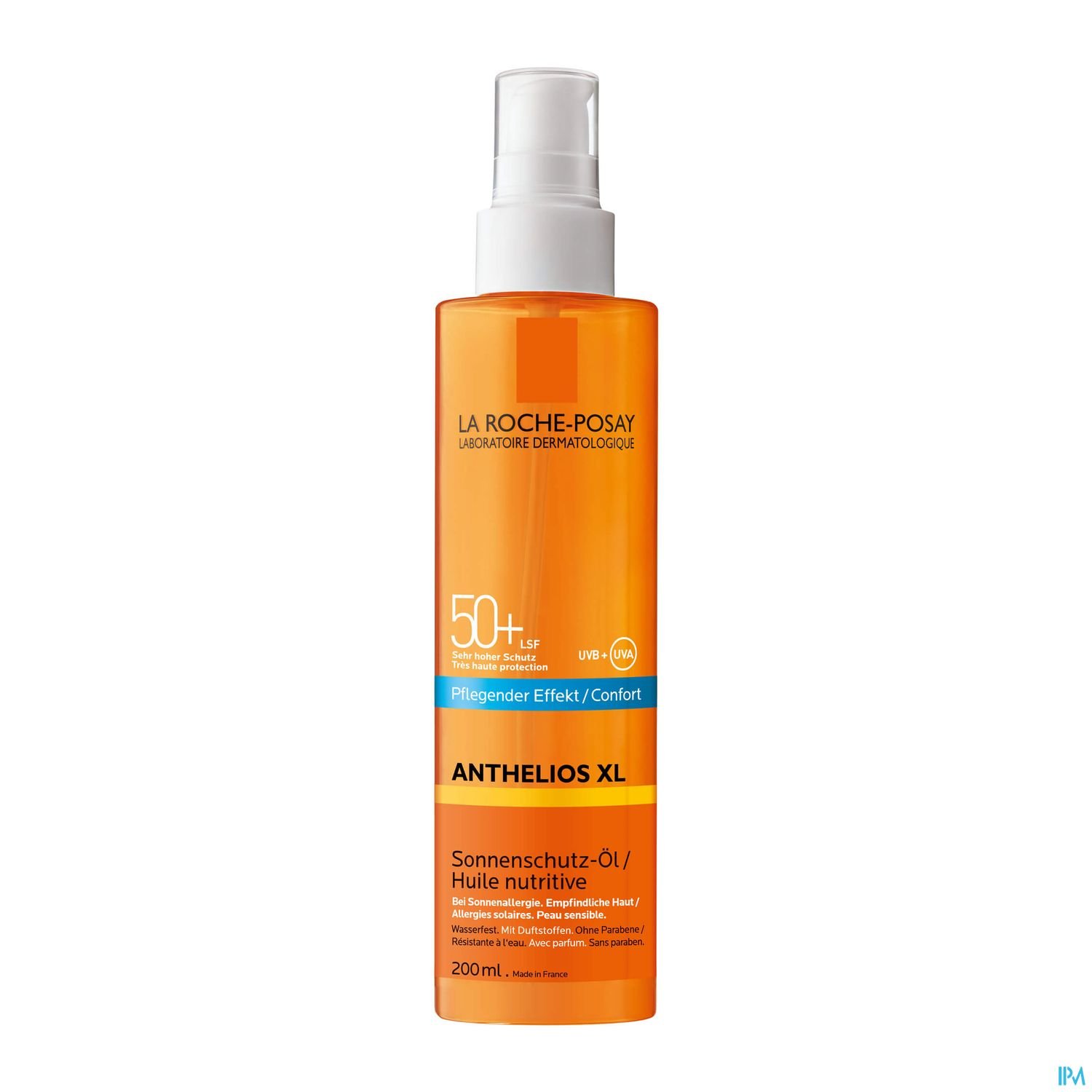 Flasche Sonnenöl von La Roche-Posay, mit der Aufschrift "ANTHELIOS XL", 200 ml, Lichtschutzfaktor 50+, für Hautpflege und Sonnenschutz.