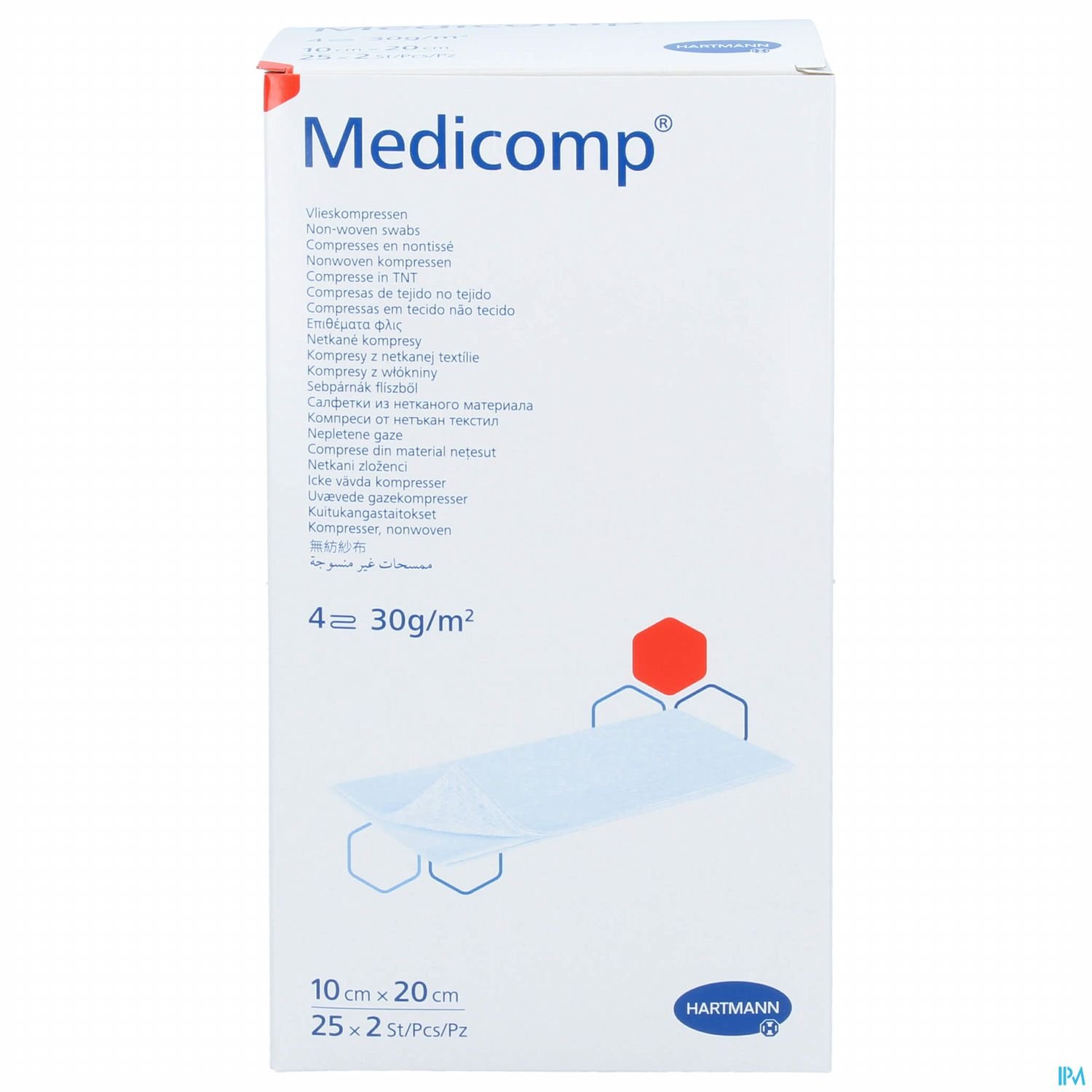 Schachtel mit Medicomp Wundkompressen, 10 cm x 20 cm, enthält 25 Stück, 4 Lagen à 30 g/m².